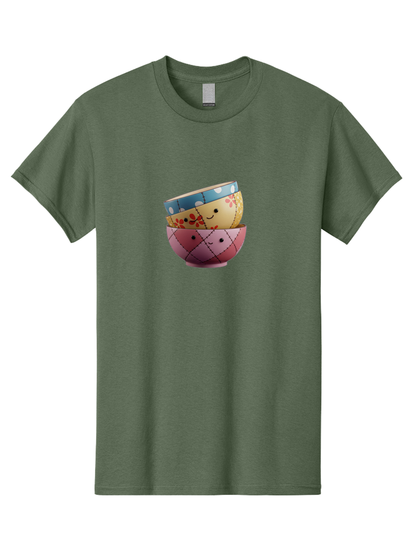 Smiling-Bowls Men'S Graphic Tee, 100% Cotton, Comfortable Casual Summer Wear, Machine Washable, Stacked Bowls, Smiling Faces, Colorful Patterns, Pastel Colors, Floral Designs, Polka Dots, Argyle Pattern, Cute Kitchenware, Tableware, Bab407