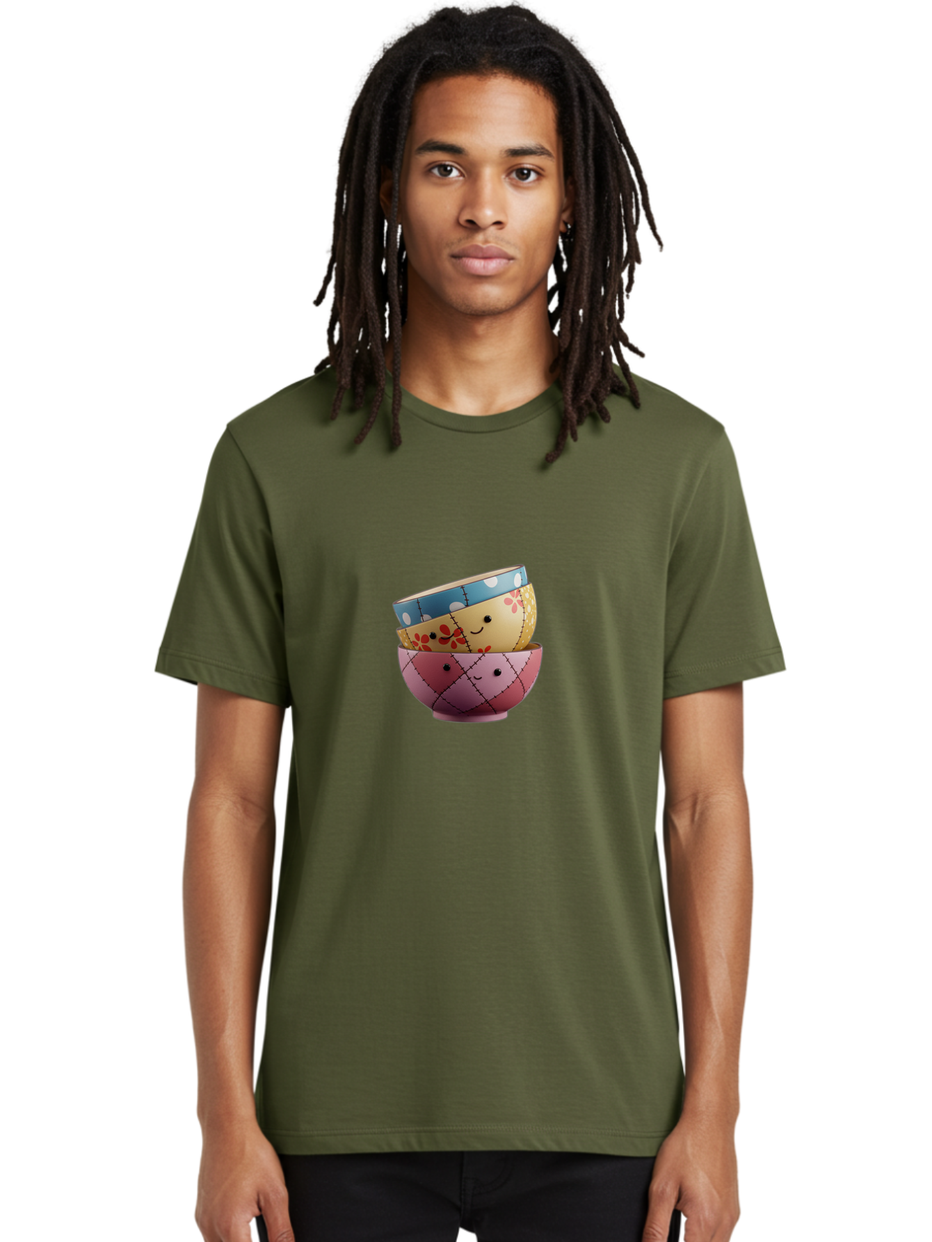 Smiling-Bowls Men'S Graphic Tee, 100% Cotton, Comfortable Casual Summer Wear, Machine Washable, Stacked Bowls, Smiling Faces, Colorful Patterns, Pastel Colors, Floral Designs, Polka Dots, Argyle Pattern, Cute Kitchenware, Tableware, Bab407