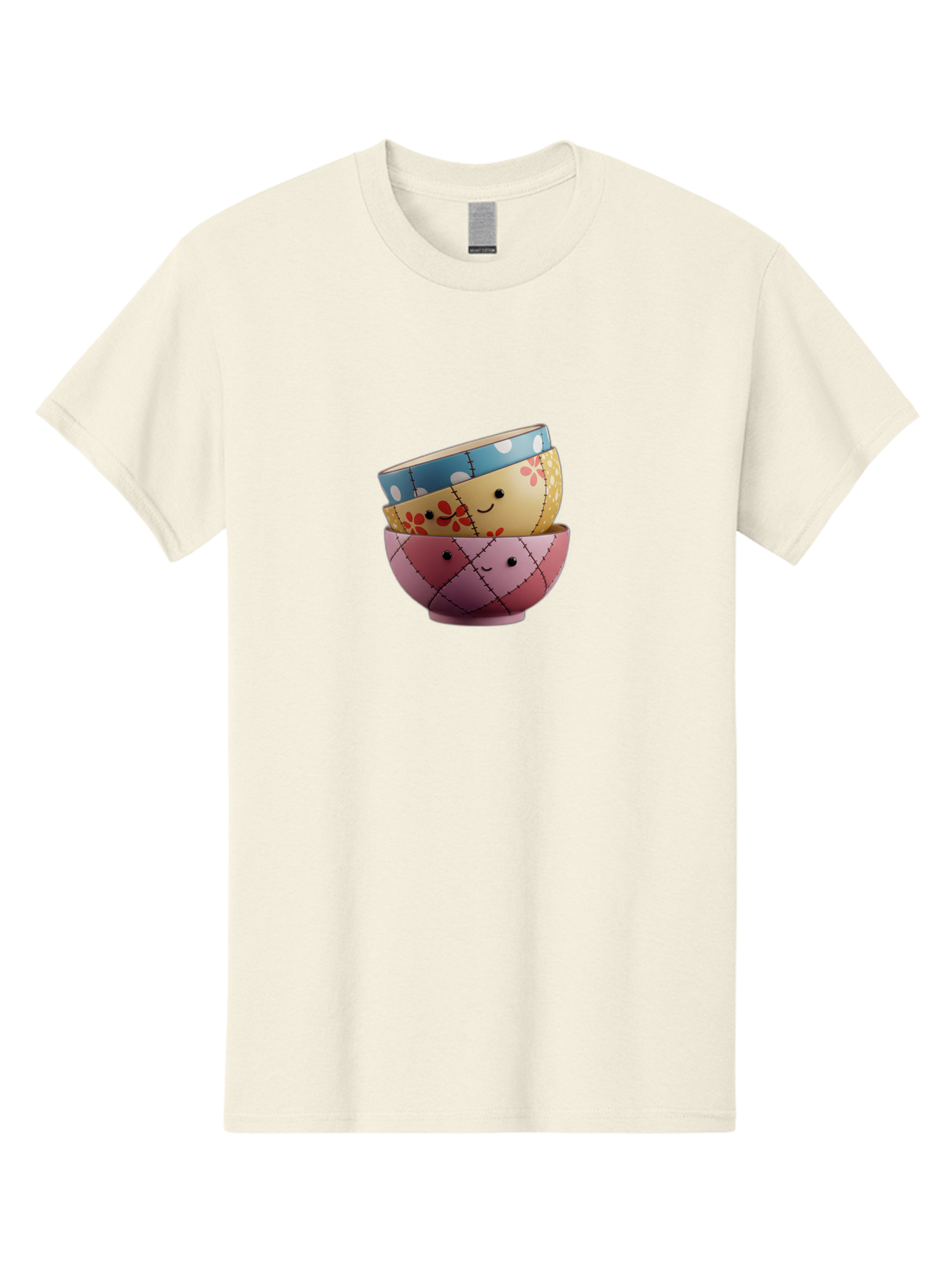 Smiling-Bowls Men'S Graphic Tee, 100% Cotton, Comfortable Casual Summer Wear, Machine Washable, Stacked Bowls, Smiling Faces, Colorful Patterns, Pastel Colors, Floral Designs, Polka Dots, Argyle Pattern, Cute Kitchenware, Tableware, Bab407