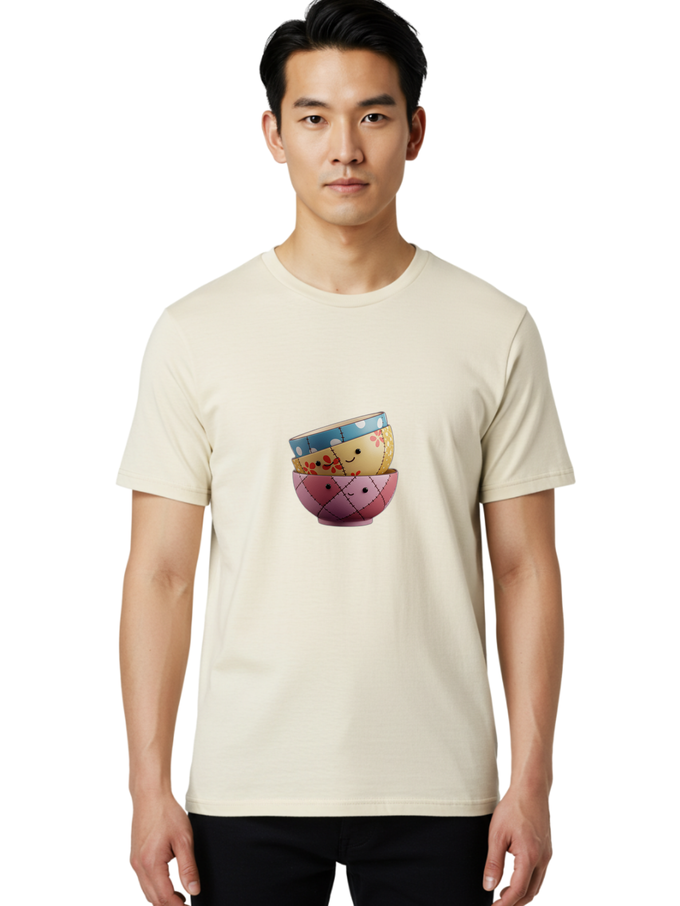 Smiling-Bowls Men'S Graphic Tee, 100% Cotton, Comfortable Casual Summer Wear, Machine Washable, Stacked Bowls, Smiling Faces, Colorful Patterns, Pastel Colors, Floral Designs, Polka Dots, Argyle Pattern, Cute Kitchenware, Tableware, Bab407
