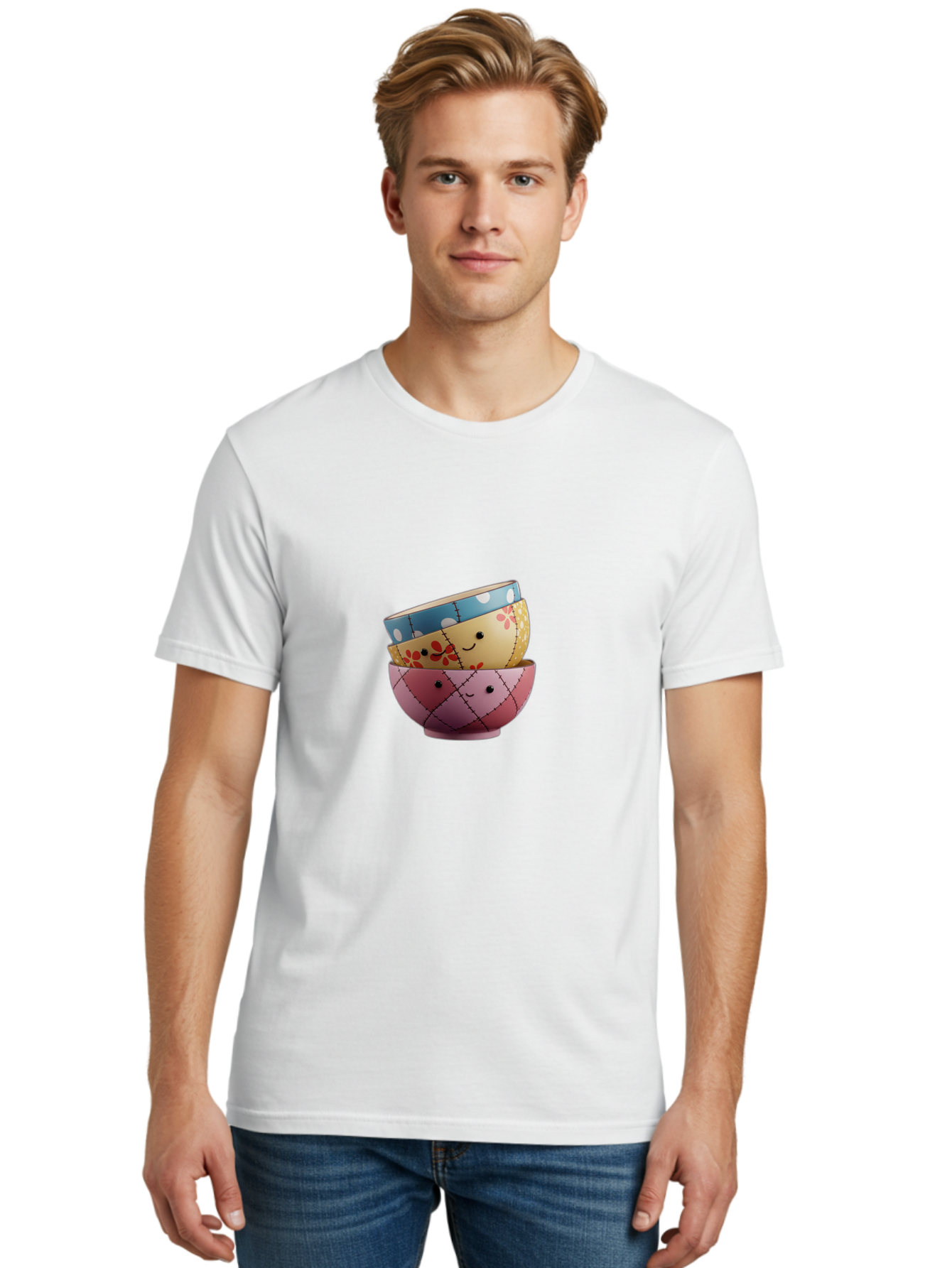 Smiling-Bowls Men'S Graphic Tee, 100% Cotton, Comfortable Casual Summer Wear, Machine Washable, Stacked Bowls, Smiling Faces, Colorful Patterns, Pastel Colors, Floral Designs, Polka Dots, Argyle Pattern, Cute Kitchenware, Tableware, Bab407