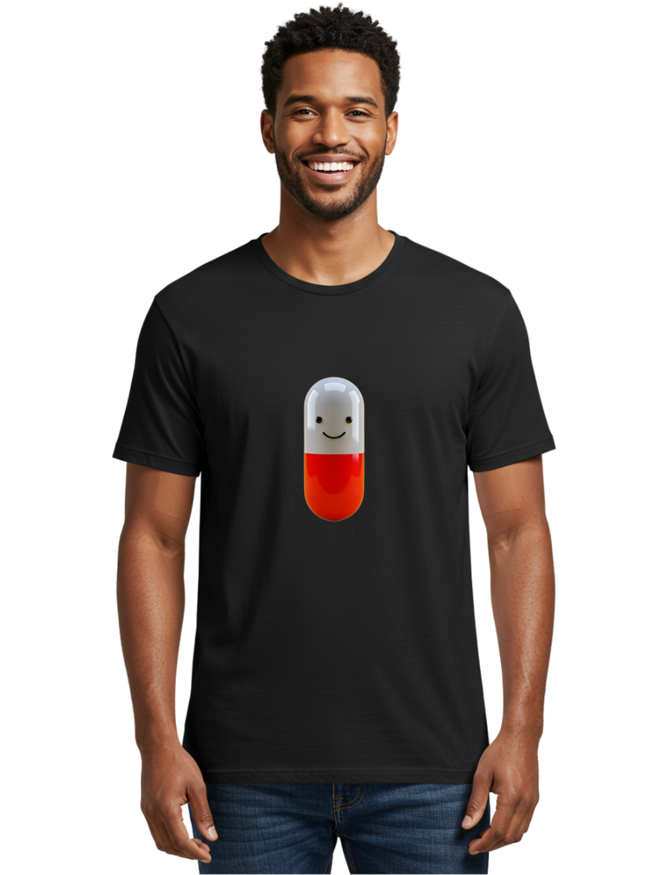 Smiling-Capsule Men'S Graphic Tee, 100% Cotton, Comfortable Casual Summer Wear, Machine Washable, Red And White Capsule, Smiling Face, Cartoon Character, Medicine, Pharmaceutical, Health Supplement, Happy Pill, Medication, Wellness Bab408