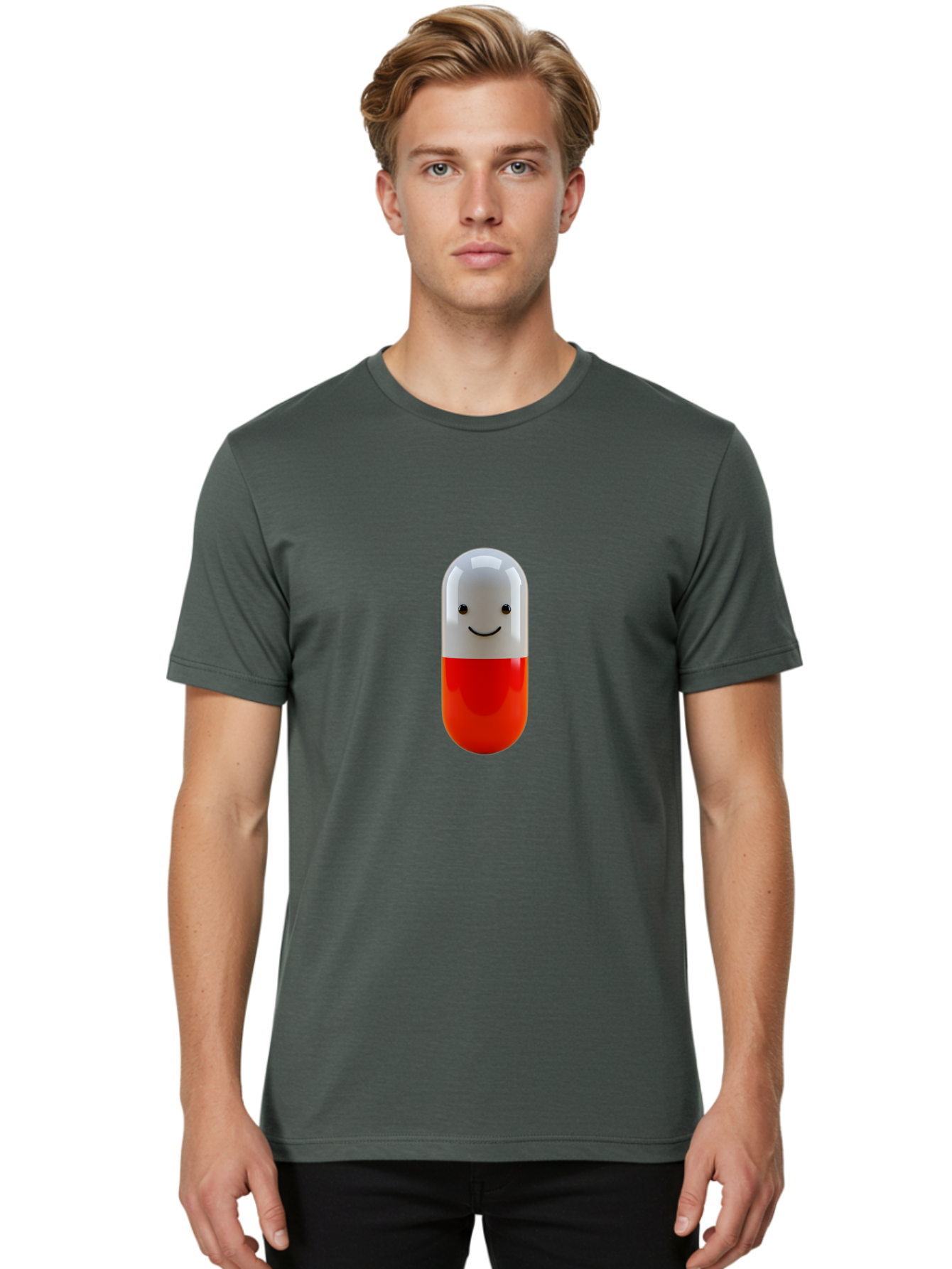 Smiling-Capsule Men'S Graphic Tee, 100% Cotton, Comfortable Casual Summer Wear, Machine Washable, Red And White Capsule, Smiling Face, Cartoon Character, Medicine, Pharmaceutical, Health Supplement, Happy Pill, Medication, Wellness Bab408