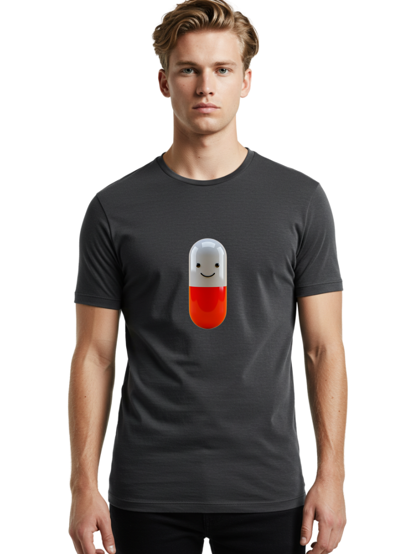 Smiling-Capsule Men'S Graphic Tee, 100% Cotton, Comfortable Casual Summer Wear, Machine Washable, Red And White Capsule, Smiling Face, Cartoon Character, Medicine, Pharmaceutical, Health Supplement, Happy Pill, Medication, Wellness Bab408