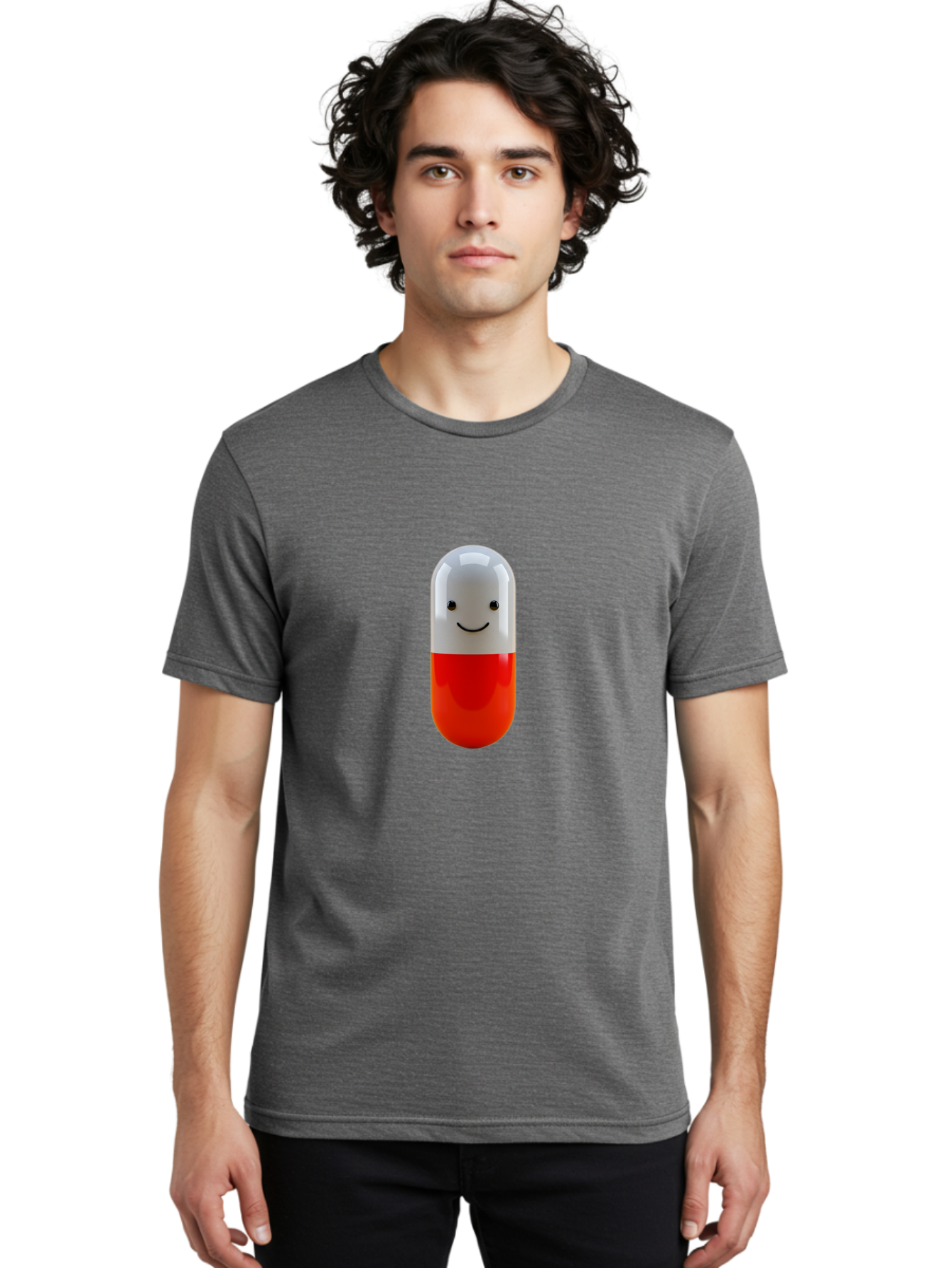 Smiling-Capsule Men'S Graphic Tee, 100% Cotton, Comfortable Casual Summer Wear, Machine Washable, Red And White Capsule, Smiling Face, Cartoon Character, Medicine, Pharmaceutical, Health Supplement, Happy Pill, Medication, Wellness Bab408
