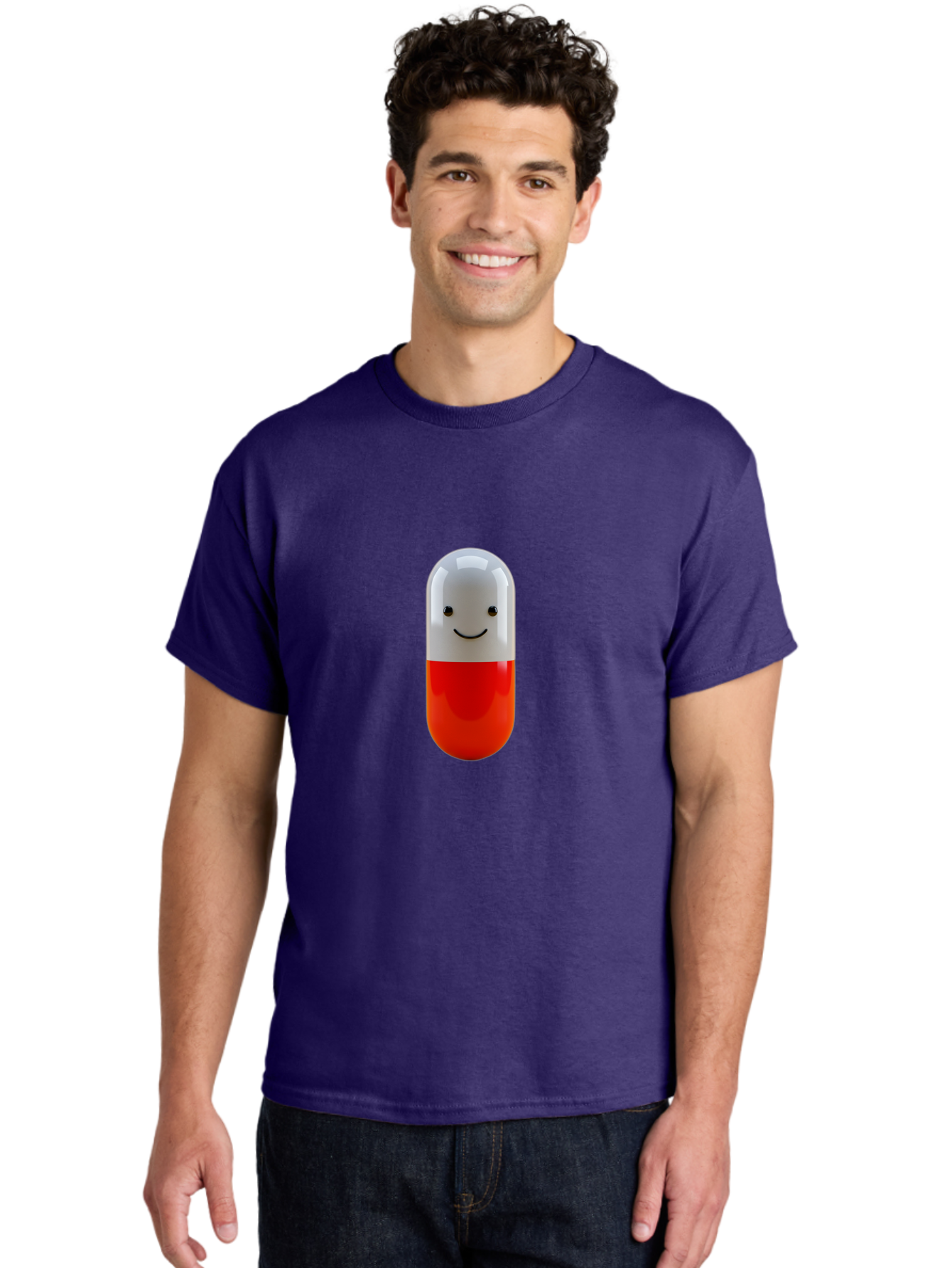 Smiling-Capsule Men'S Graphic Tee, 100% Cotton, Comfortable Casual Summer Wear, Machine Washable, Red And White Capsule, Smiling Face, Cartoon Character, Medicine, Pharmaceutical, Health Supplement, Happy Pill, Medication, Wellness Bab408