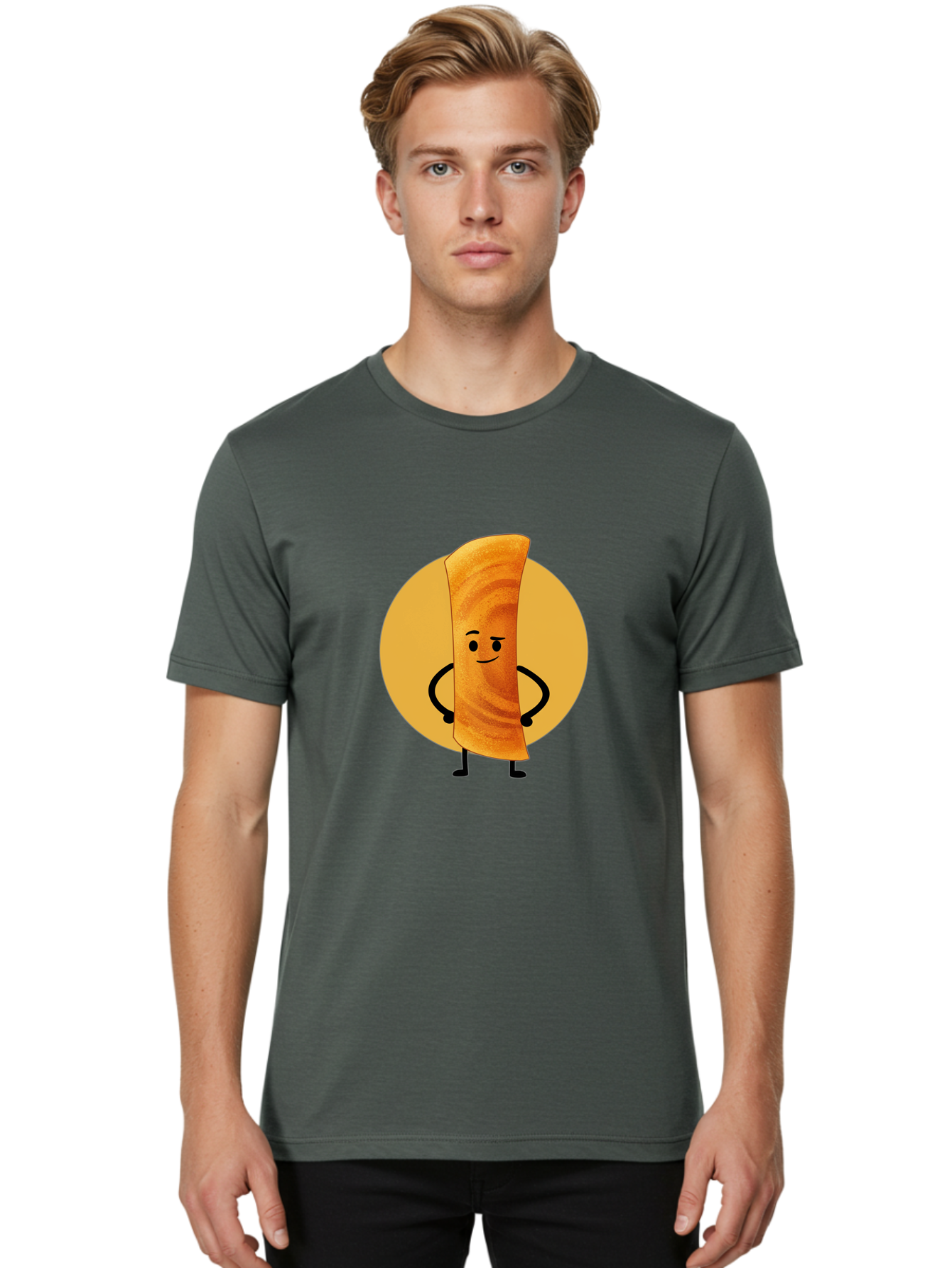 Smiling-Crepe Men'S Graphic Tee, 100% Cotton, Comfortable Casual Summer Wear, Machine Washable, Egg Roll Character, Cartoon Food, Smiling Face, Confident Pose, Black Legs, Yellow Circle, Cute Animation, Kawaii Design, Funny Illustration, Bab410