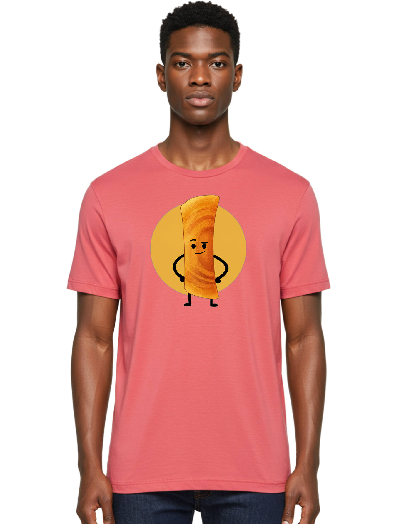 Smiling-Crepe Men'S Graphic Tee, 100% Cotton, Comfortable Casual Summer Wear, Machine Washable, Egg Roll Character, Cartoon Food, Smiling Face, Confident Pose, Black Legs, Yellow Circle, Cute Animation, Kawaii Design, Funny Illustration, Bab410