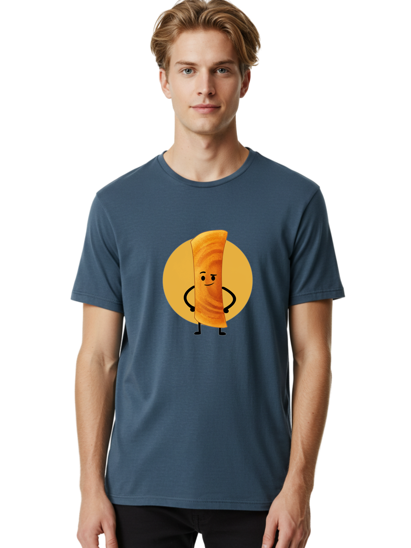 Smiling-Crepe Men'S Graphic Tee, 100% Cotton, Comfortable Casual Summer Wear, Machine Washable, Egg Roll Character, Cartoon Food, Smiling Face, Confident Pose, Black Legs, Yellow Circle, Cute Animation, Kawaii Design, Funny Illustration, Bab410
