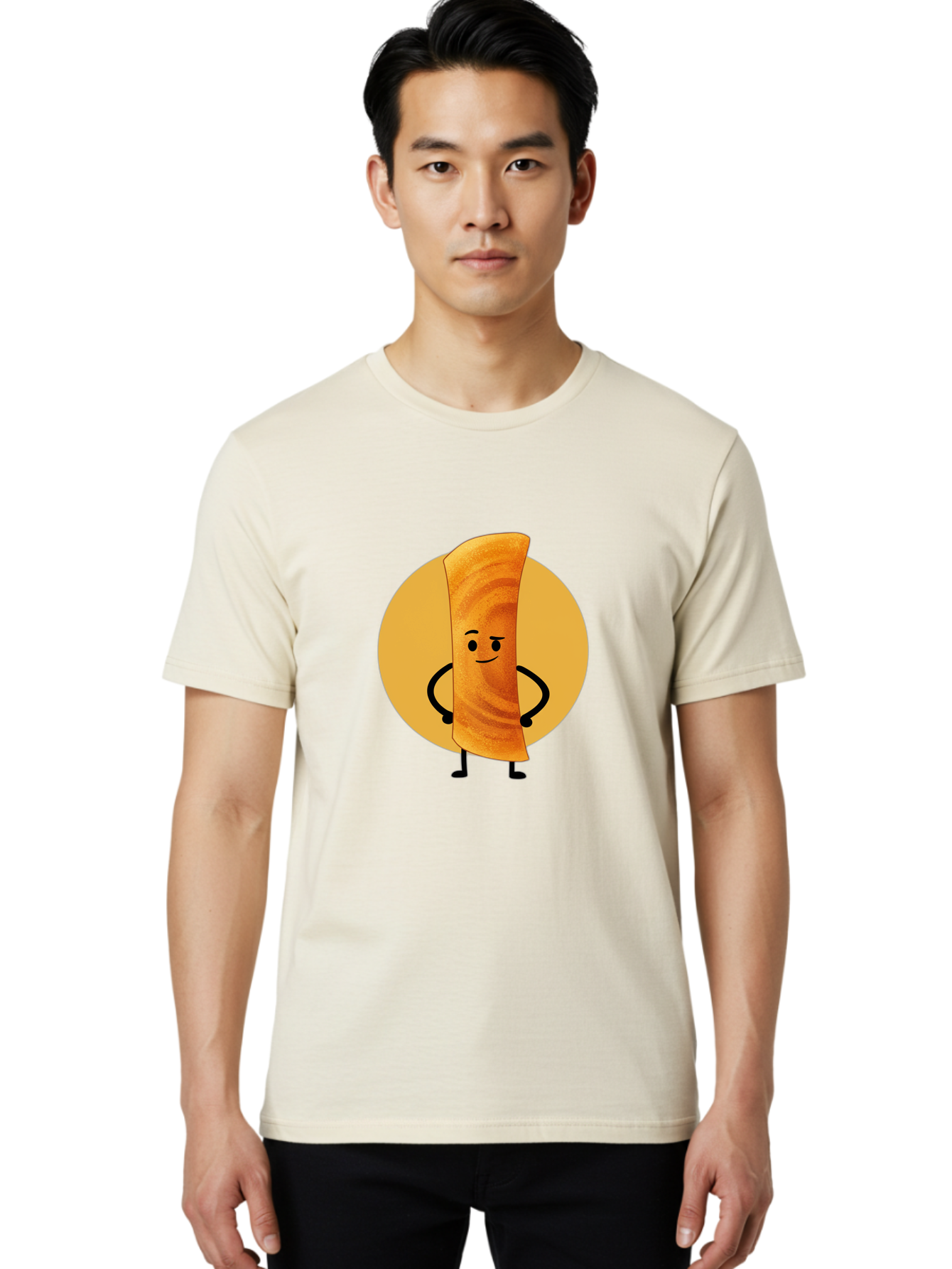 Smiling-Crepe Men'S Graphic Tee, 100% Cotton, Comfortable Casual Summer Wear, Machine Washable, Egg Roll Character, Cartoon Food, Smiling Face, Confident Pose, Black Legs, Yellow Circle, Cute Animation, Kawaii Design, Funny Illustration, Bab410