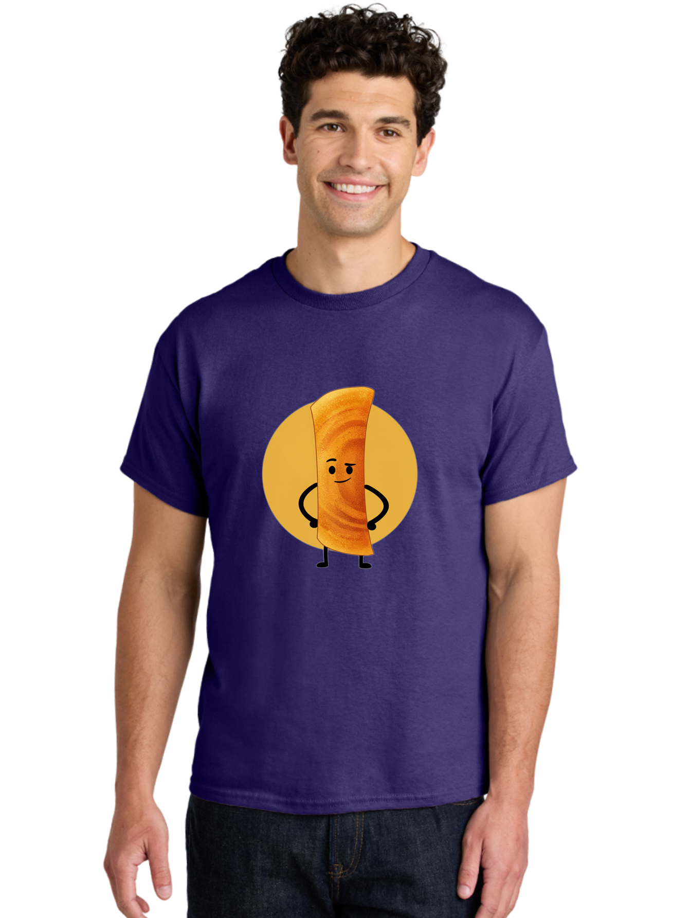 Smiling-Crepe Men'S Graphic Tee, 100% Cotton, Comfortable Casual Summer Wear, Machine Washable, Egg Roll Character, Cartoon Food, Smiling Face, Confident Pose, Black Legs, Yellow Circle, Cute Animation, Kawaii Design, Funny Illustration, Bab410