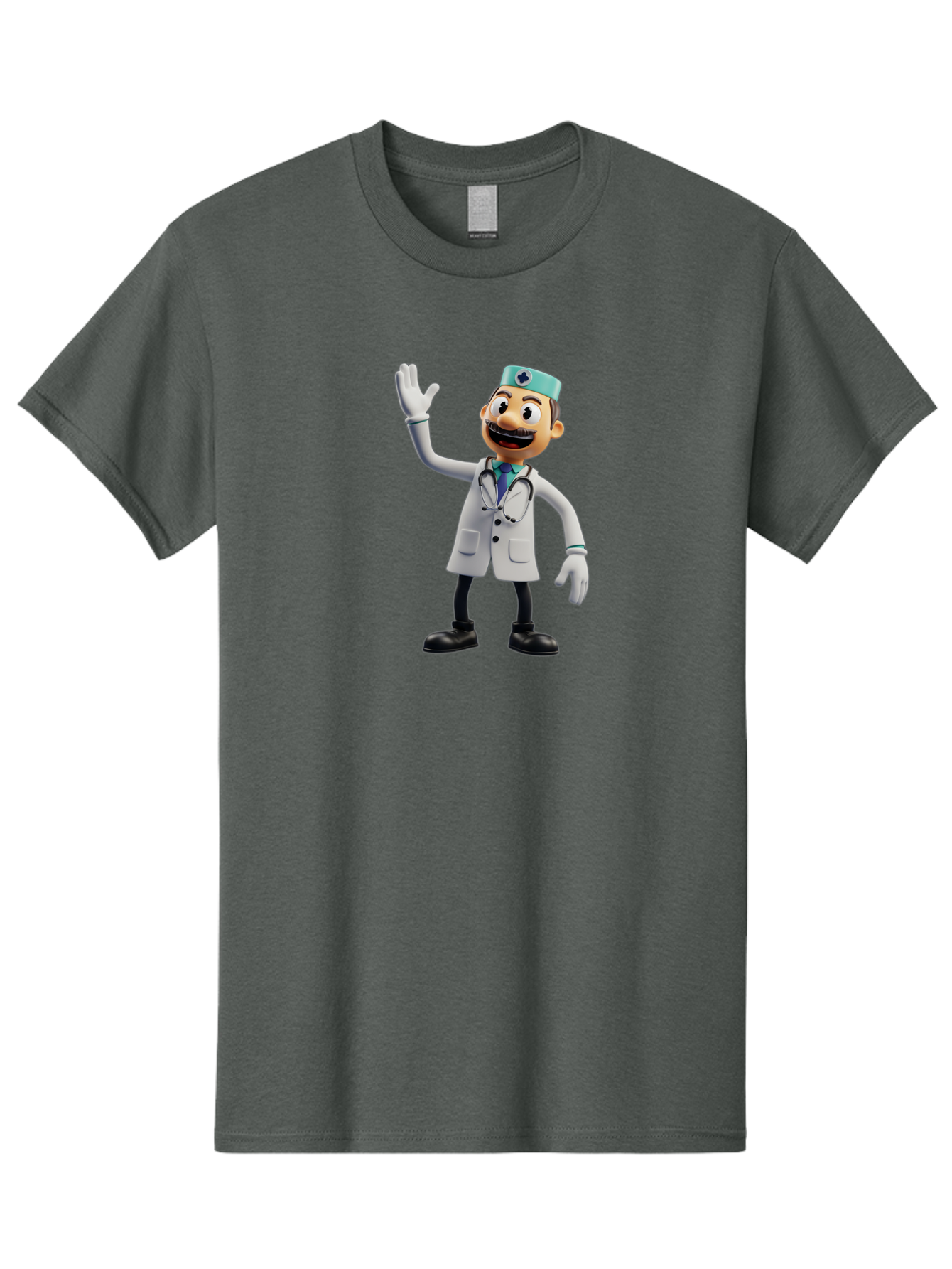 Smiling-Doctor-Character Men'S Graphic Tee, 100% Cotton, Comfortable Casual Summer Wear, Machine Washable, Cartoon Doctor, Medical Professional, Friendly Demeanor, White Lab Coat, Stethoscope Around Neck, Waving Gesture, Surgical Cap, Bab411