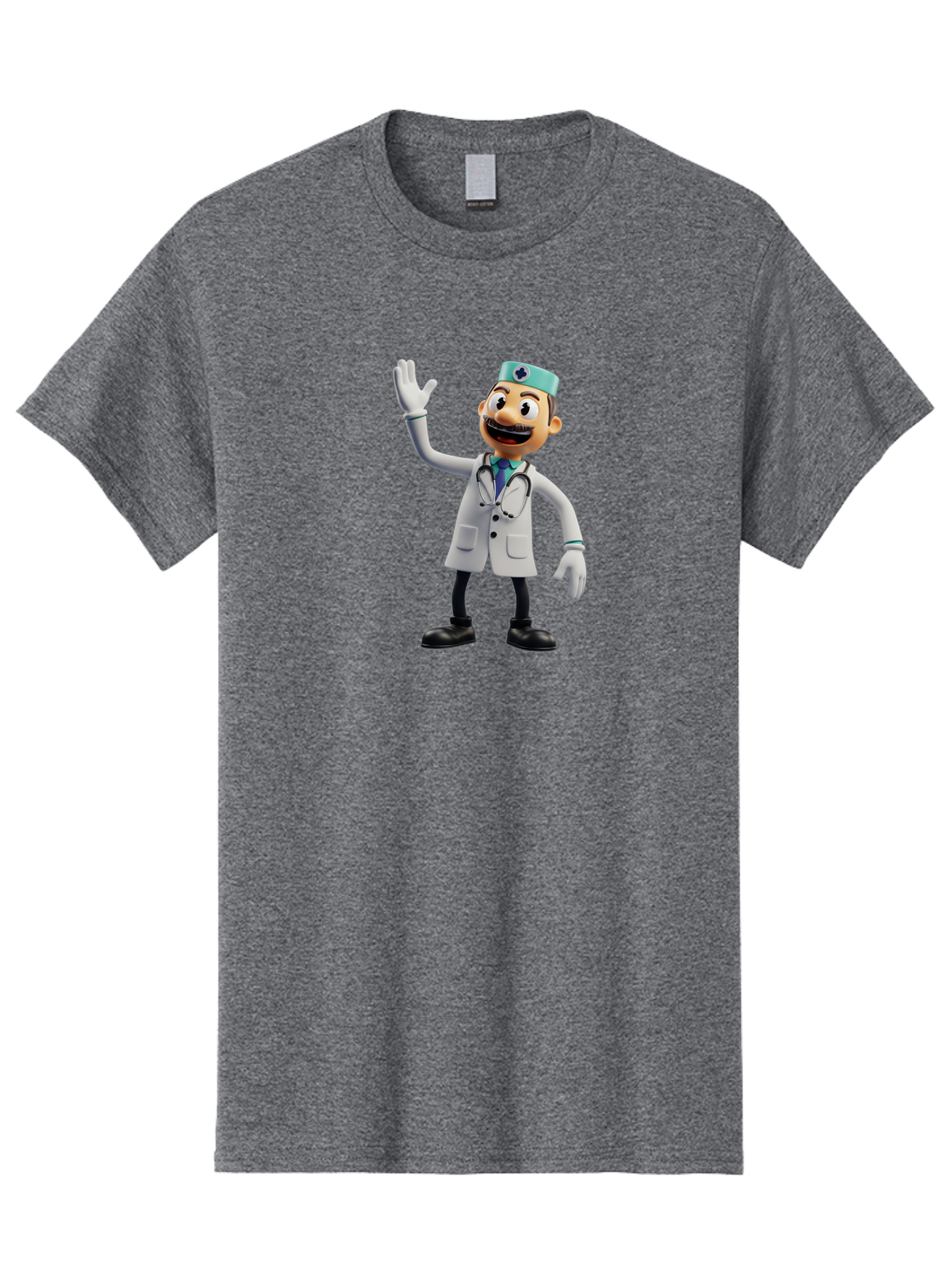 Smiling-Doctor-Character Men'S Graphic Tee, 100% Cotton, Comfortable Casual Summer Wear, Machine Washable, Cartoon Doctor, Medical Professional, Friendly Demeanor, White Lab Coat, Stethoscope Around Neck, Waving Gesture, Surgical Cap, Bab411