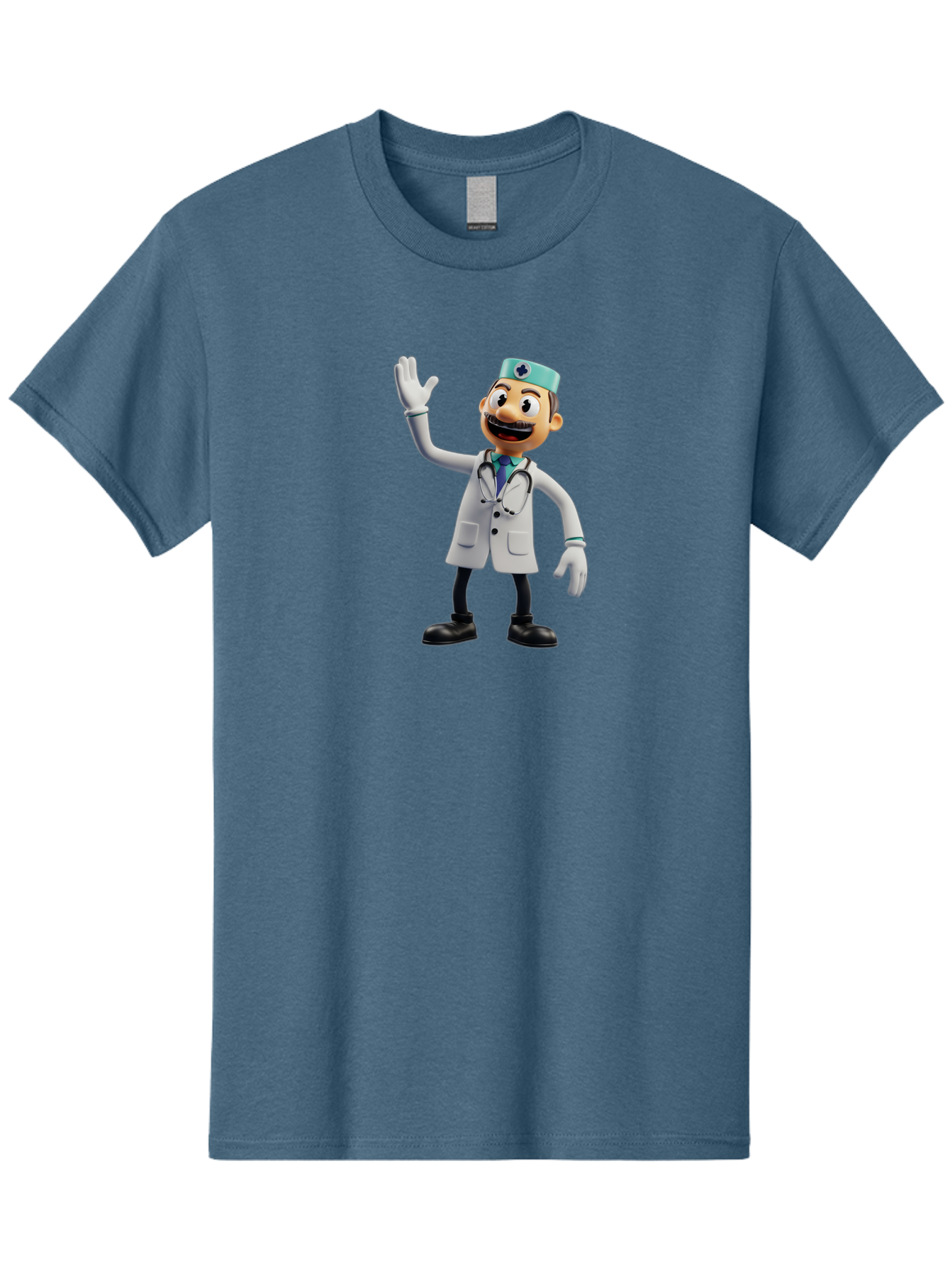 Smiling-Doctor-Character Men'S Graphic Tee, 100% Cotton, Comfortable Casual Summer Wear, Machine Washable, Cartoon Doctor, Medical Professional, Friendly Demeanor, White Lab Coat, Stethoscope Around Neck, Waving Gesture, Surgical Cap, Bab411