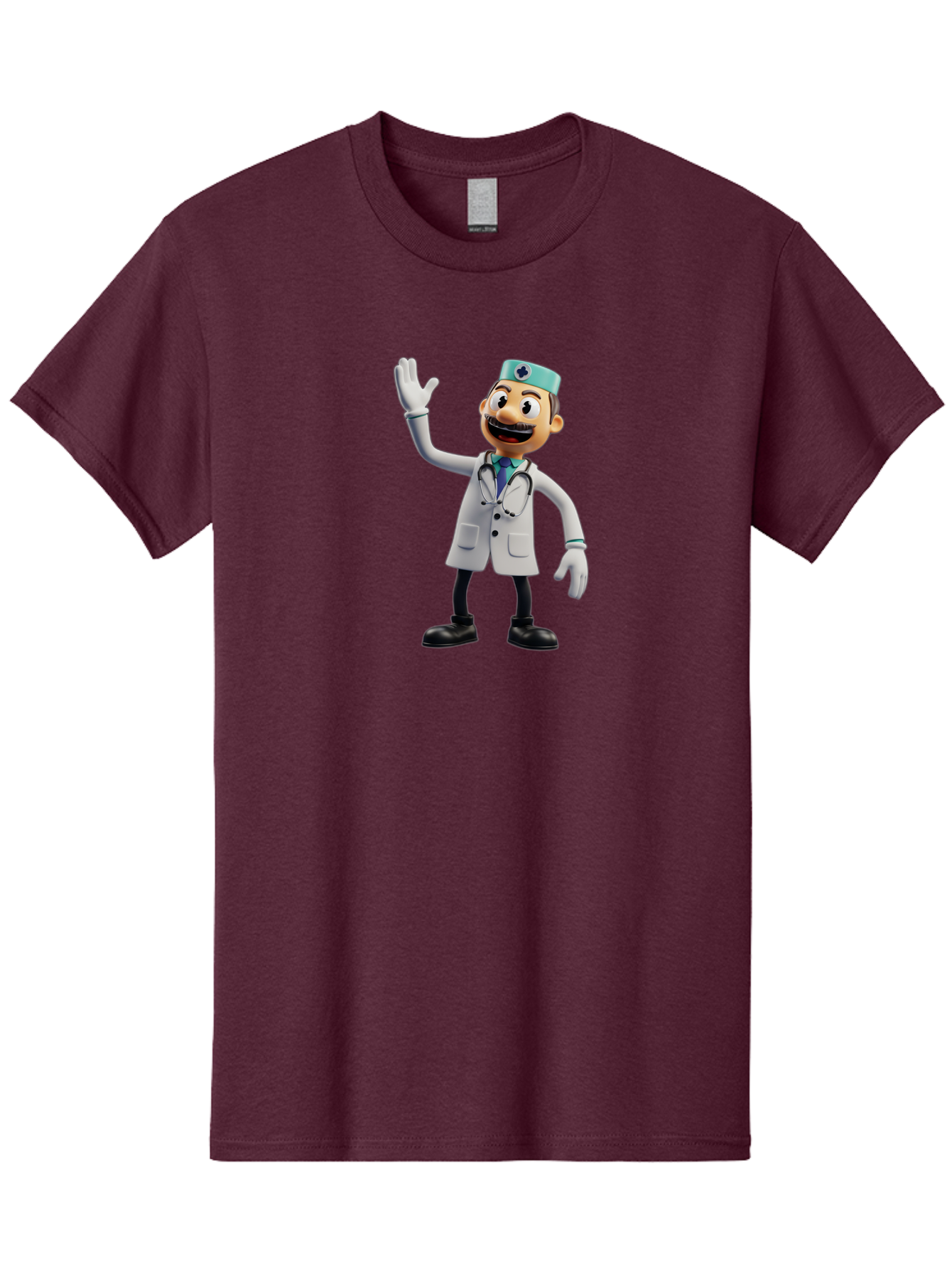 Smiling-Doctor-Character Men'S Graphic Tee, 100% Cotton, Comfortable Casual Summer Wear, Machine Washable, Cartoon Doctor, Medical Professional, Friendly Demeanor, White Lab Coat, Stethoscope Around Neck, Waving Gesture, Surgical Cap, Bab411