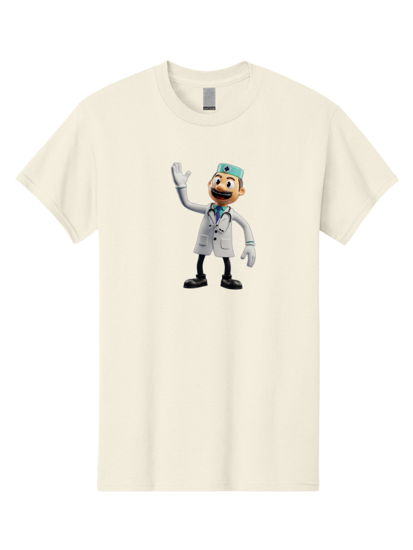 Smiling-Doctor-Character Men'S Graphic Tee, 100% Cotton, Comfortable Casual Summer Wear, Machine Washable, Cartoon Doctor, Medical Professional, Friendly Demeanor, White Lab Coat, Stethoscope Around Neck, Waving Gesture, Surgical Cap, Bab411