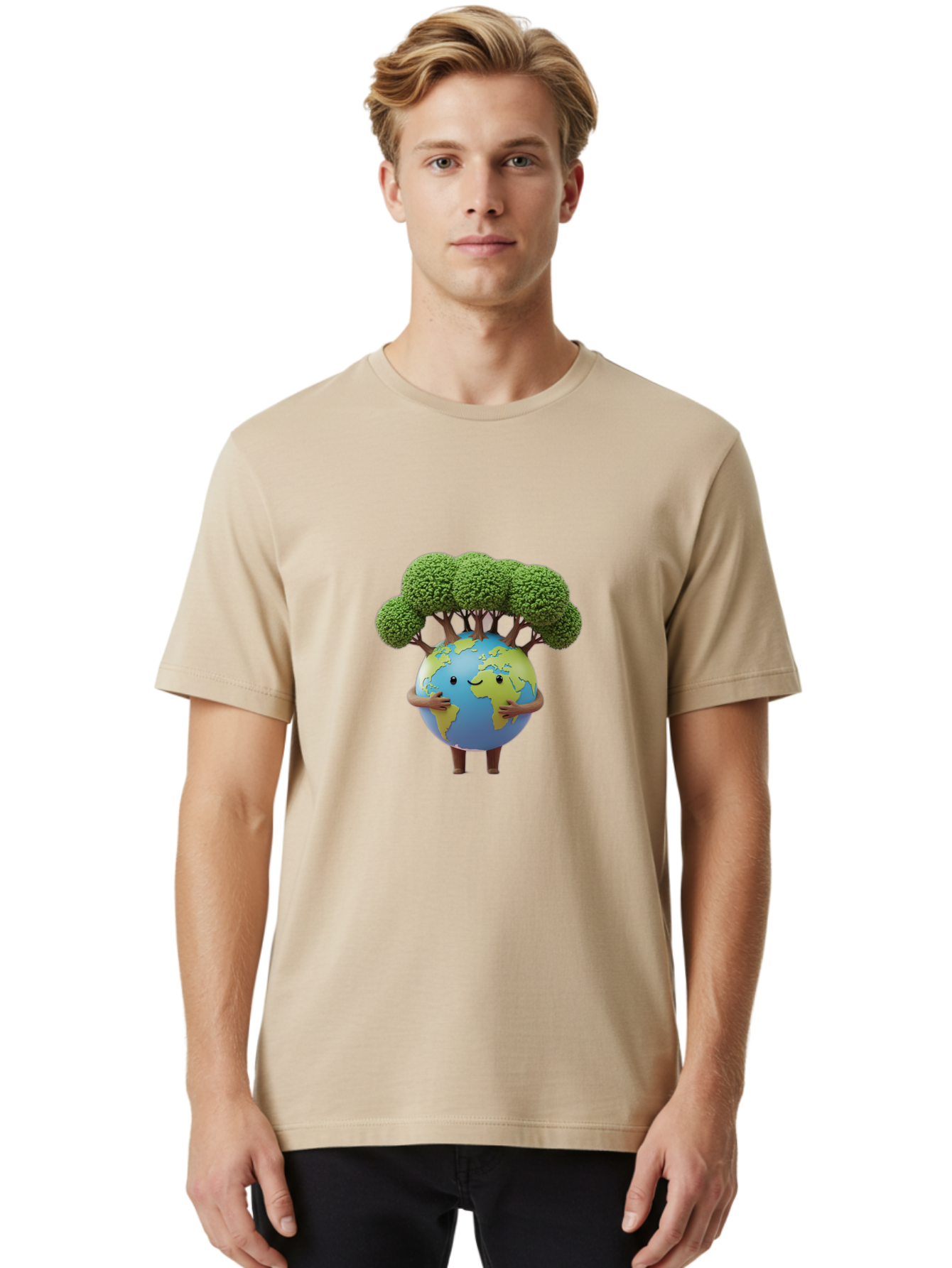 Smiling-Earth-1 Men'S Graphic Tee, 100% Cotton, Comfortable Casual Summer Wear, Machine Washable, Cartoon Globe, Eco-Friendly, Earth With Trees, Smiling Face, Environmental Awareness, Conservation, Sustainable Living, Green Initiatives, Bab412