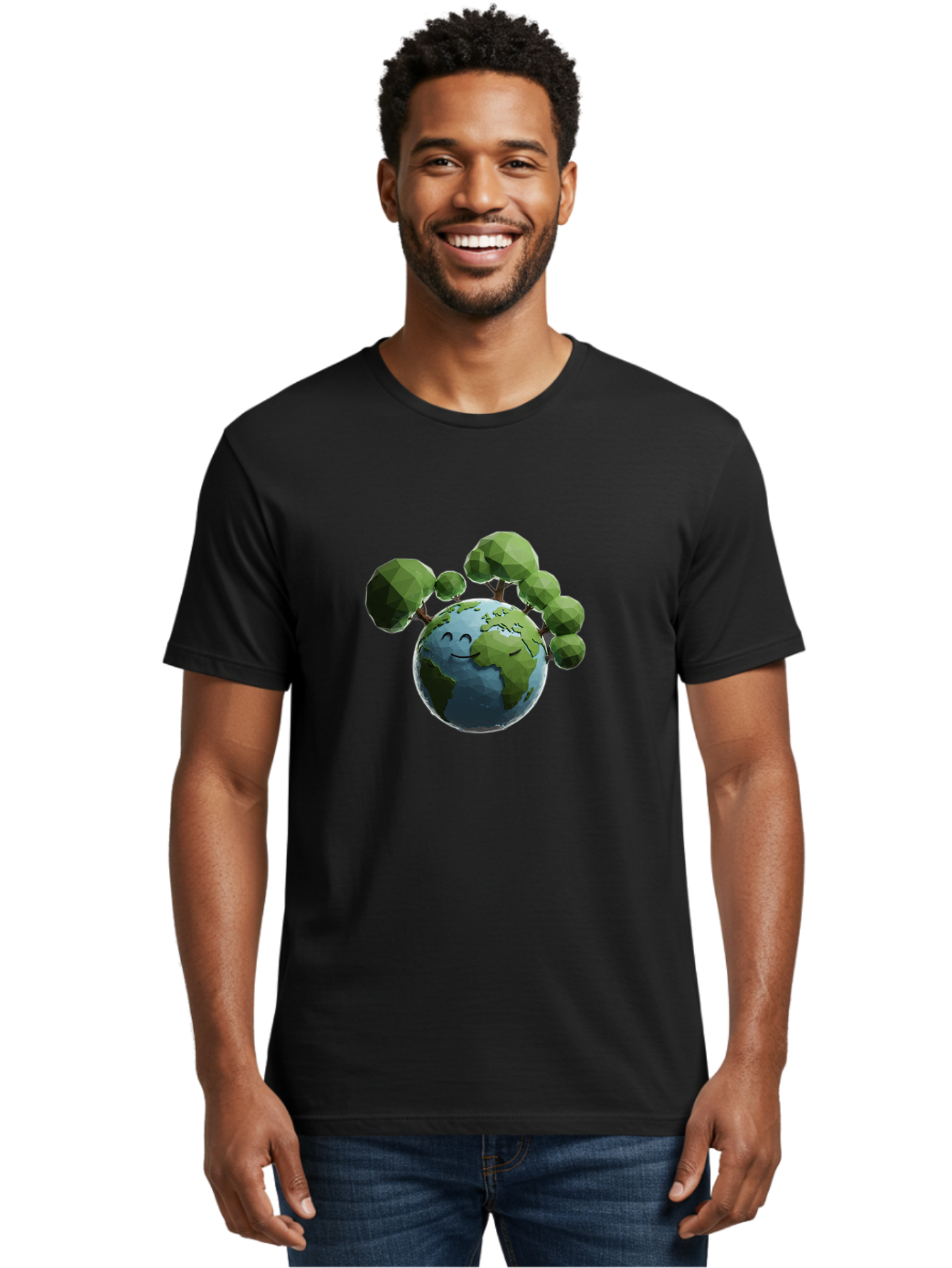 Smiling-Earth Men'S Graphic Tee, 100% Cotton, Comfortable Casual Summer Wear, Machine Washable, Happy Earth, Cartoon Globe, Smiling Face, Green Trees, Eco Friendly, Low Poly, 3D Rendering, Environmental Awareness, Conservation, Bab413