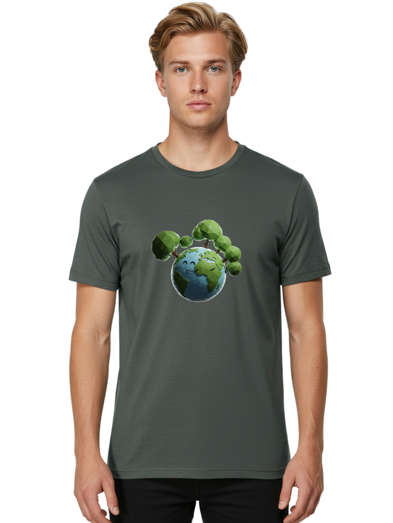 Smiling-Earth Men'S Graphic Tee, 100% Cotton, Comfortable Casual Summer Wear, Machine Washable, Happy Earth, Cartoon Globe, Smiling Face, Green Trees, Eco Friendly, Low Poly, 3D Rendering, Environmental Awareness, Conservation, Bab413