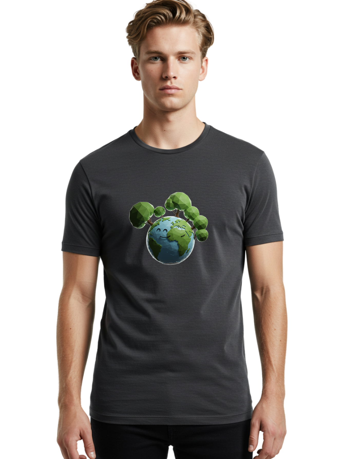 Smiling-Earth Men'S Graphic Tee, 100% Cotton, Comfortable Casual Summer Wear, Machine Washable, Happy Earth, Cartoon Globe, Smiling Face, Green Trees, Eco Friendly, Low Poly, 3D Rendering, Environmental Awareness, Conservation, Bab413