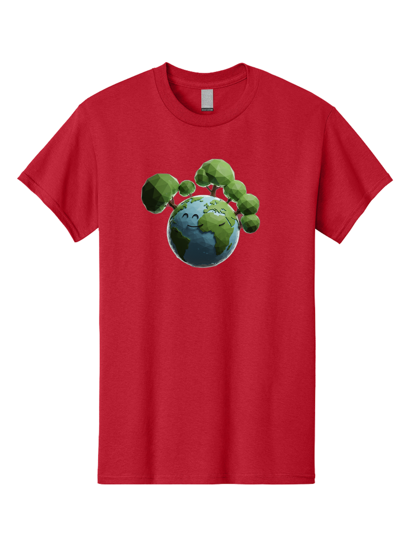 Smiling-Earth Men'S Graphic Tee, 100% Cotton, Comfortable Casual Summer Wear, Machine Washable, Happy Earth, Cartoon Globe, Smiling Face, Green Trees, Eco Friendly, Low Poly, 3D Rendering, Environmental Awareness, Conservation, Bab413