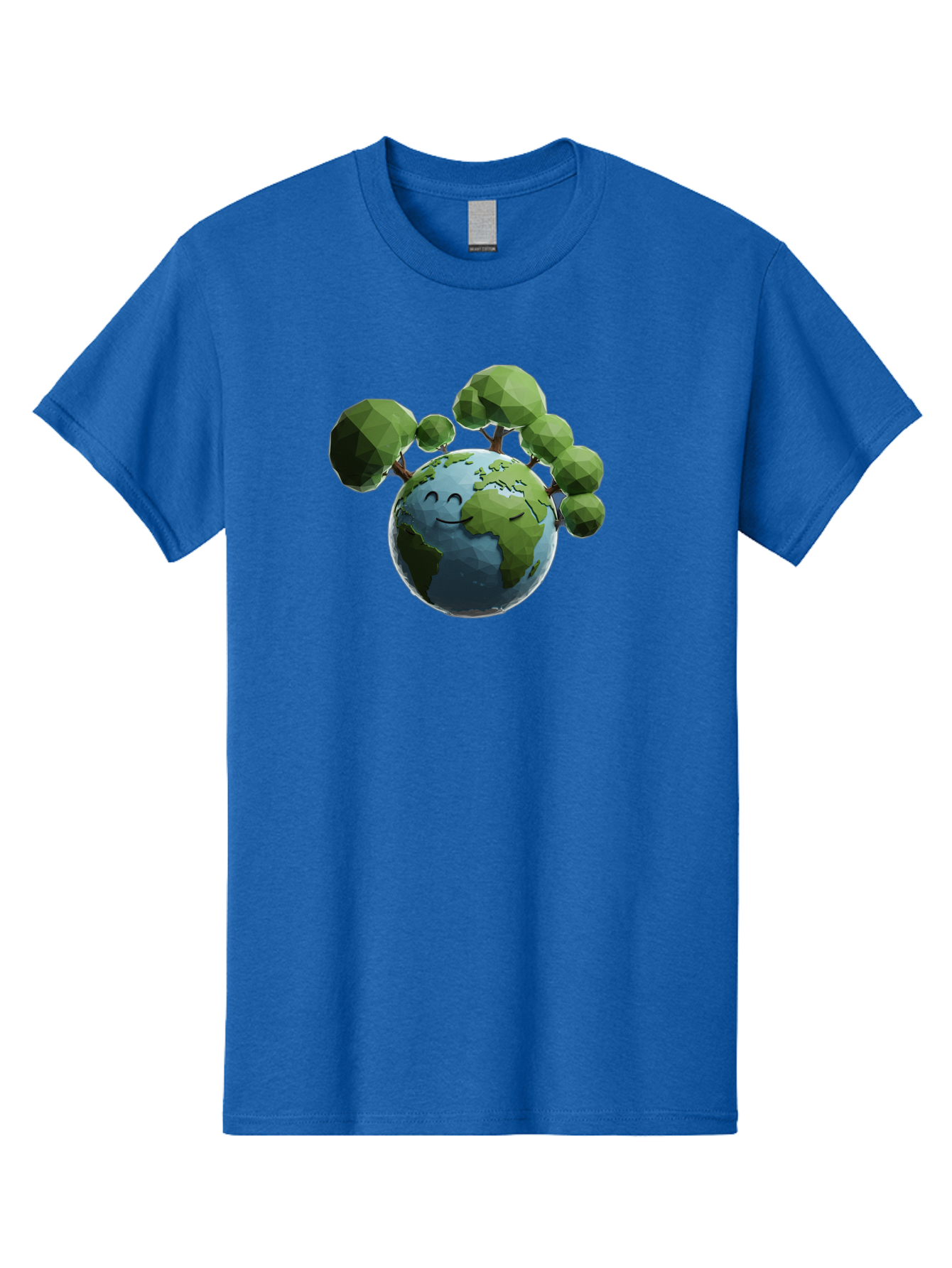 Smiling-Earth Men'S Graphic Tee, 100% Cotton, Comfortable Casual Summer Wear, Machine Washable, Happy Earth, Cartoon Globe, Smiling Face, Green Trees, Eco Friendly, Low Poly, 3D Rendering, Environmental Awareness, Conservation, Bab413