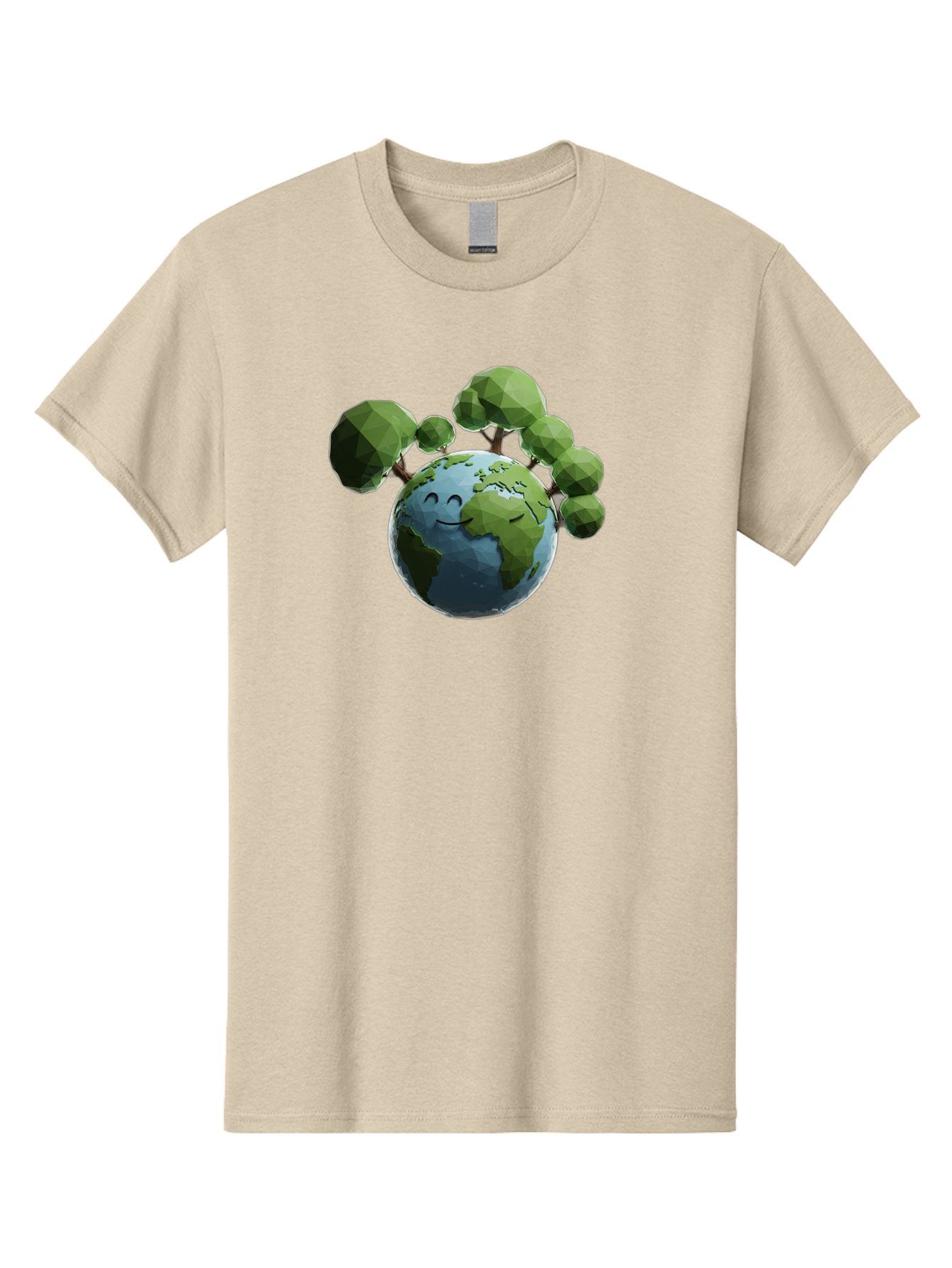 Smiling-Earth Men'S Graphic Tee, 100% Cotton, Comfortable Casual Summer Wear, Machine Washable, Happy Earth, Cartoon Globe, Smiling Face, Green Trees, Eco Friendly, Low Poly, 3D Rendering, Environmental Awareness, Conservation, Bab413