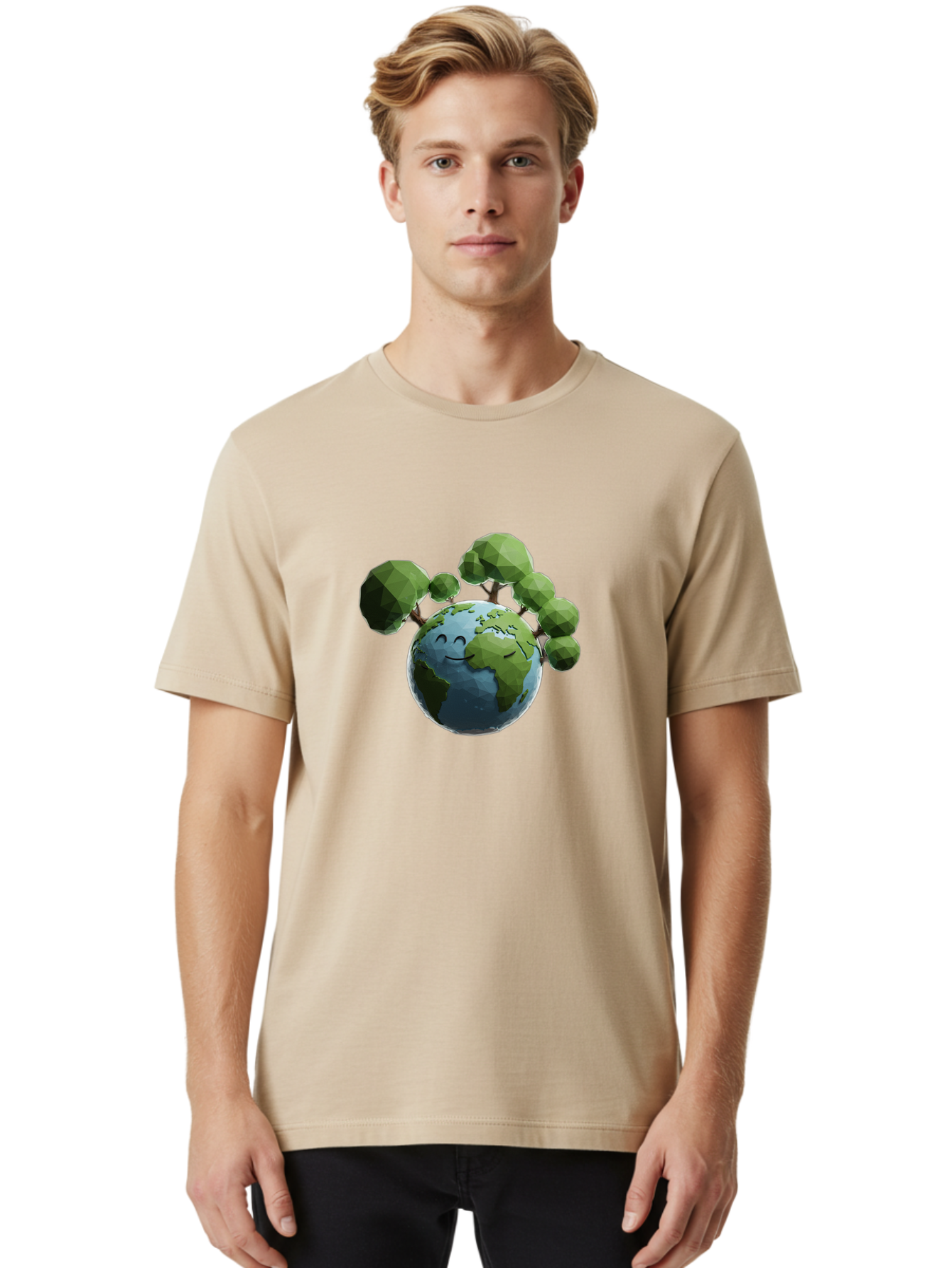 Smiling-Earth Men'S Graphic Tee, 100% Cotton, Comfortable Casual Summer Wear, Machine Washable, Happy Earth, Cartoon Globe, Smiling Face, Green Trees, Eco Friendly, Low Poly, 3D Rendering, Environmental Awareness, Conservation, Bab413