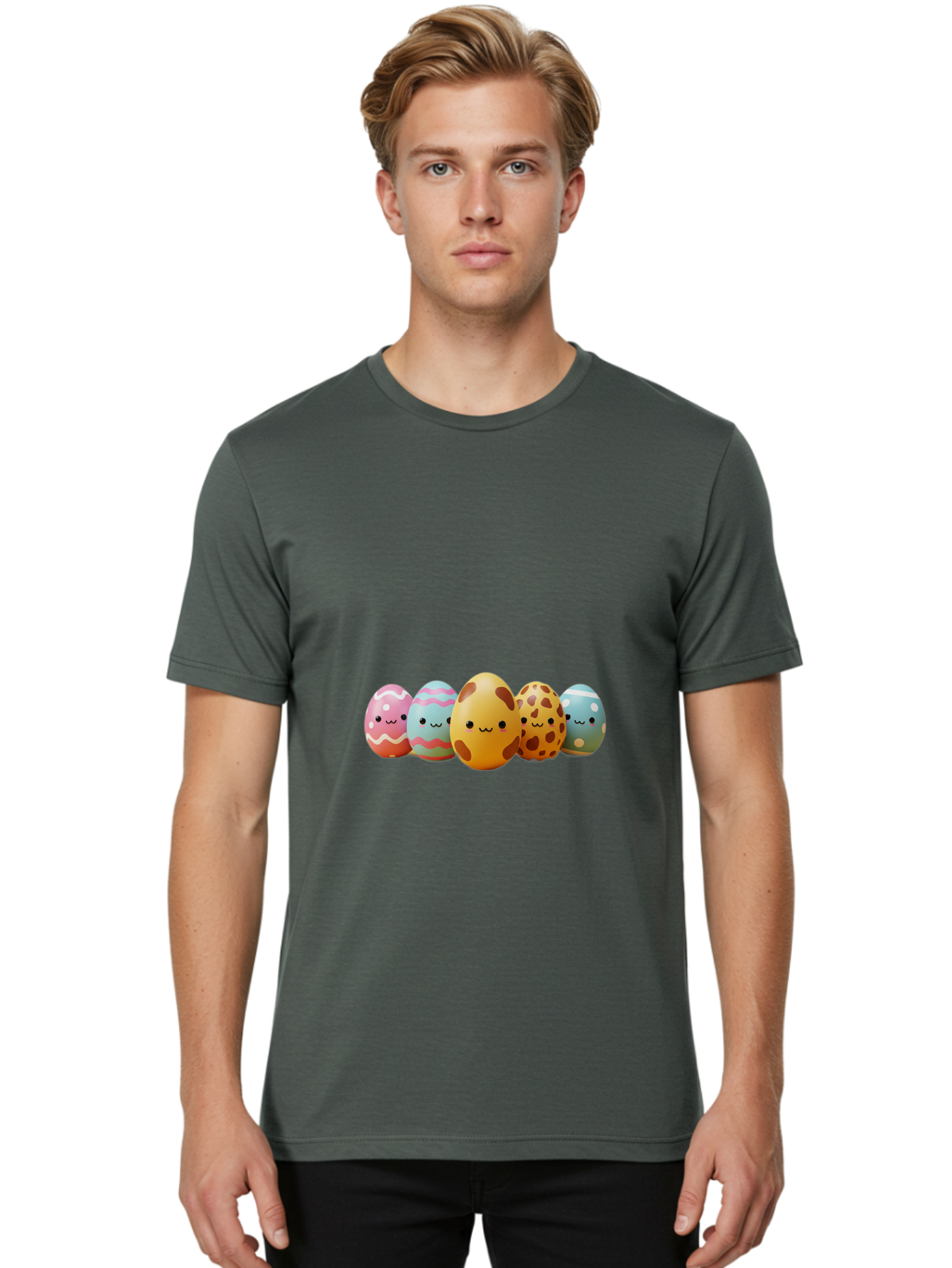 Smiling-Easter-Eggs Men'S Graphic Tee, 100% Cotton, Comfortable Casual Summer Wear, Machine Washable, Easter Eggs, Decorated Eggs, Colorful Eggs, Egg Designs, Spring Decoration, Easter Theme, Cartoon Eggs, Festive Eggs, Pastel Colors, Bab414