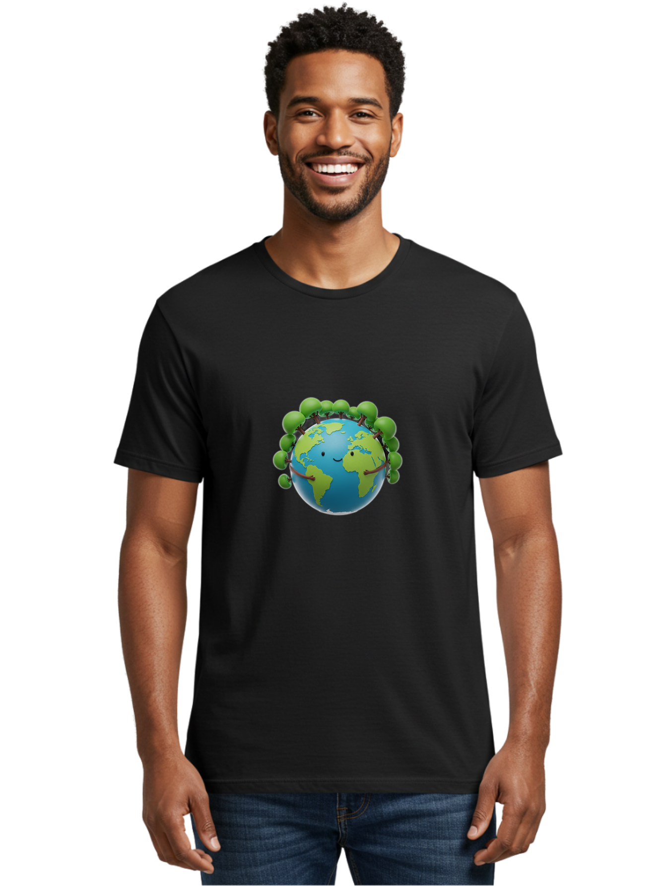 Smiling-Globe Men'S Graphic Tee, 100% Cotton, Comfortable Casual Summer Wear, Machine Washable, Cartoon Globe, Happy Earth, Smiling Planet, Green Leaves, Eco-Friendly, Environmental Awareness, Conservation, Sustainability, Global Unity Bab416