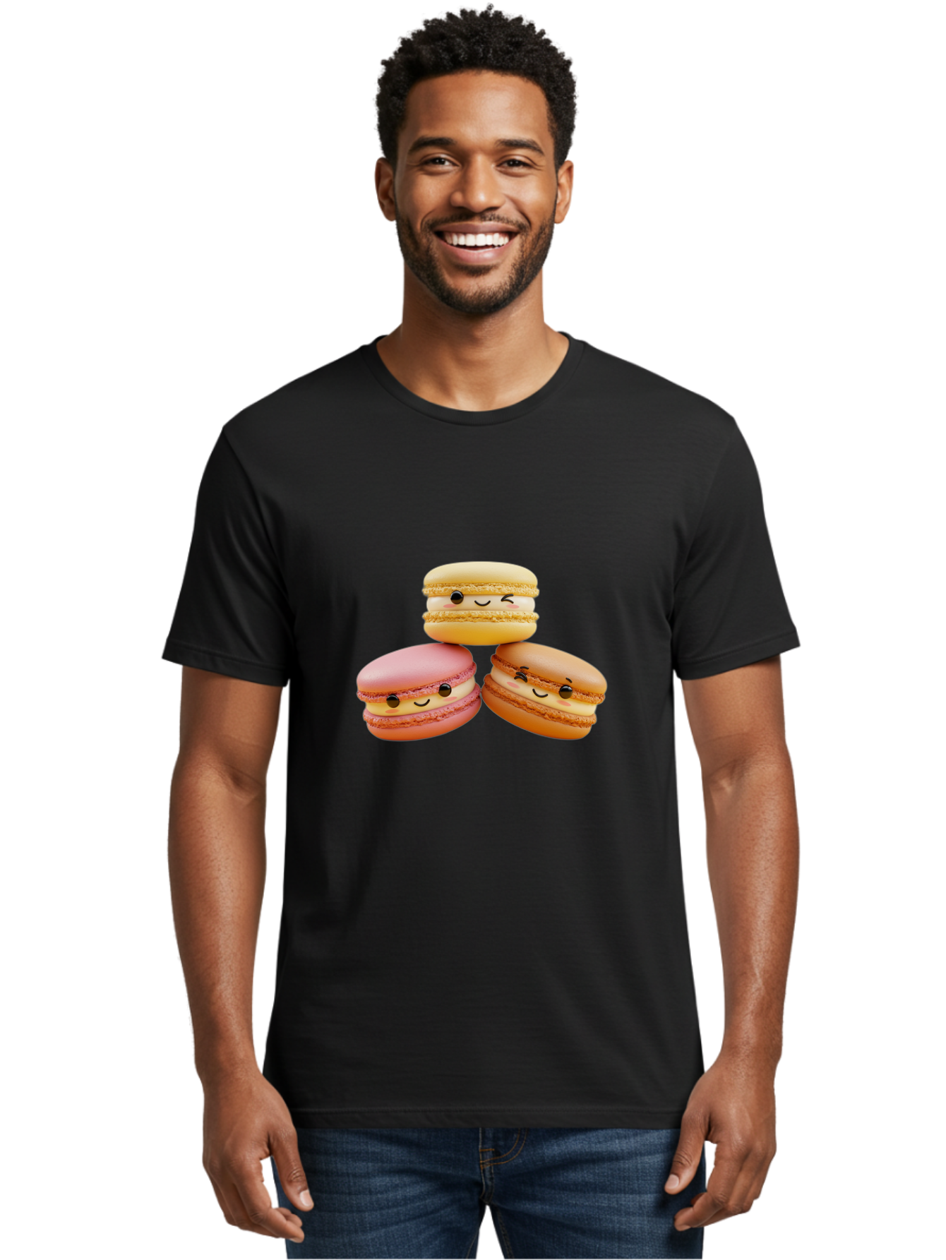 Smiling-Macarons-2 Men'S Graphic Tee, 100% Cotton, Comfortable Casual Summer Wear, Machine Washable, Colorful Macarons, Smiling Faces, Pastel Colors, Sweet Treats, Dessert, French Patisserie, Whimsical Design, Cute Pastries, Bakery Delights Bab419