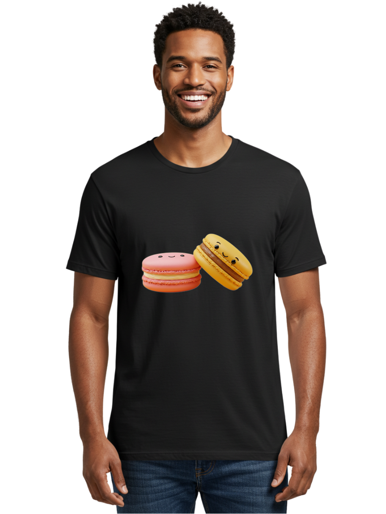 Smiling-Macarons-4 Men'S Graphic Tee, 100% Cotton, Comfortable Casual Summer Wear, Machine Washable, Pink Macaron, Smiling Face, Yellow Macaron, Winking Face, Chocolate Filling, Pastel Colors, Cute Desserts, Sweet Treats, French Patisserie, Bab421