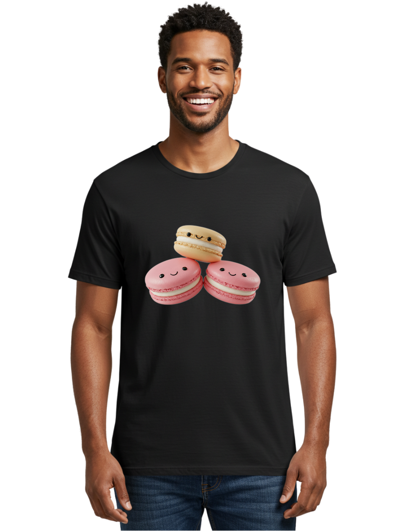 Smiling-Macarons-5 Men'S Graphic Tee, 100% Cotton, Comfortable Casual Summer Wear, Machine Washable, Pink Macarons, Smiling Face, Cute Desserts, French Pastries, White Filling, Beige Macaron, Adorable Treats, Sweet Delights, Happy Faces, Bab422