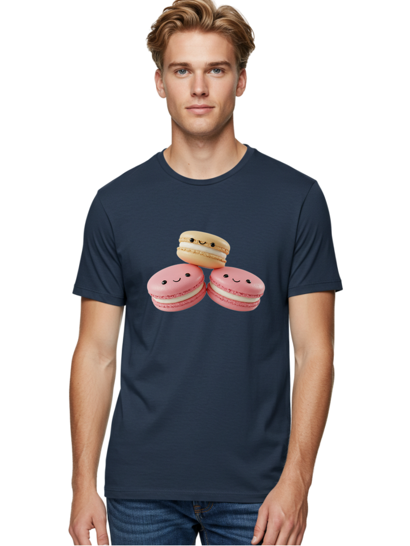 Smiling-Macarons-5 Men'S Graphic Tee, 100% Cotton, Comfortable Casual Summer Wear, Machine Washable, Pink Macarons, Smiling Face, Cute Desserts, French Pastries, White Filling, Beige Macaron, Adorable Treats, Sweet Delights, Happy Faces, Bab422