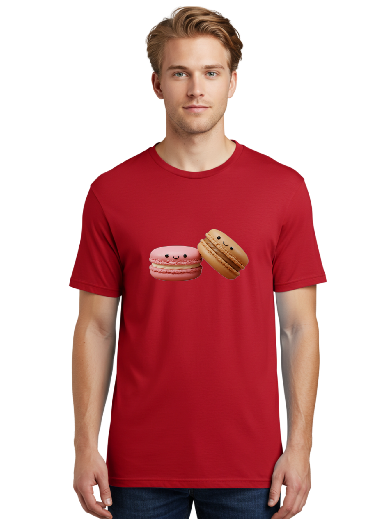 Smiling-Macarons-6 Men'S Graphic Tee, 100% Cotton, Comfortable Casual Summer Wear, Machine Washable, Pink Macaron, Beige Macaron, French Dessert, Sweet Treats, Smiling Faces, Cute Pastries, Delicious Macarons, Bakery Delights Bab423