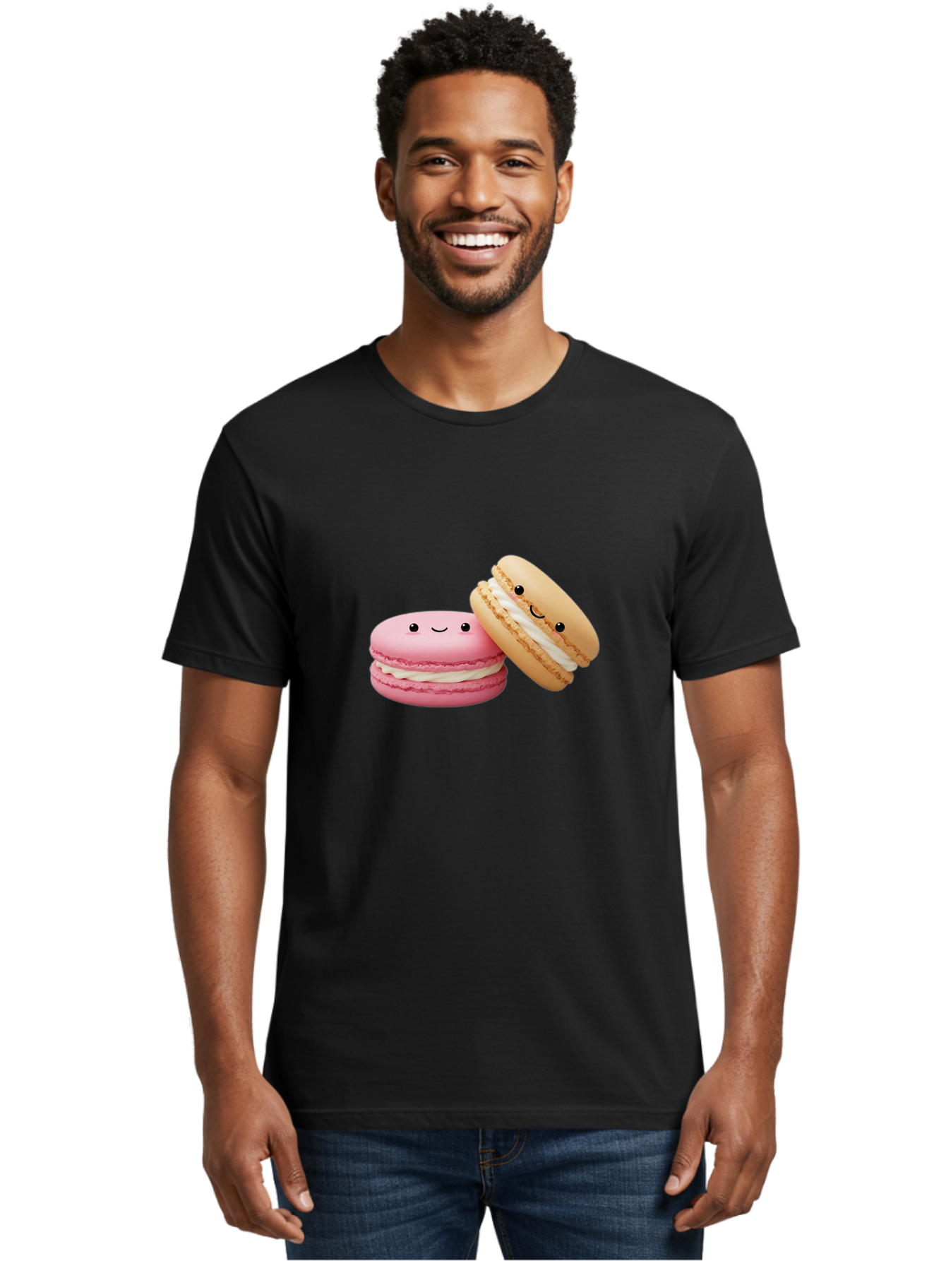 Smiling-Macarons Men'S Graphic Tee, 100% Cotton, Comfortable Casual Summer Wear, Machine Washable, Pink Macaron, Beige Macaron, Smiling Faces, Cute Desserts, White Filling, Adorable Treats, French Pastries, Sweet Delights Bab424