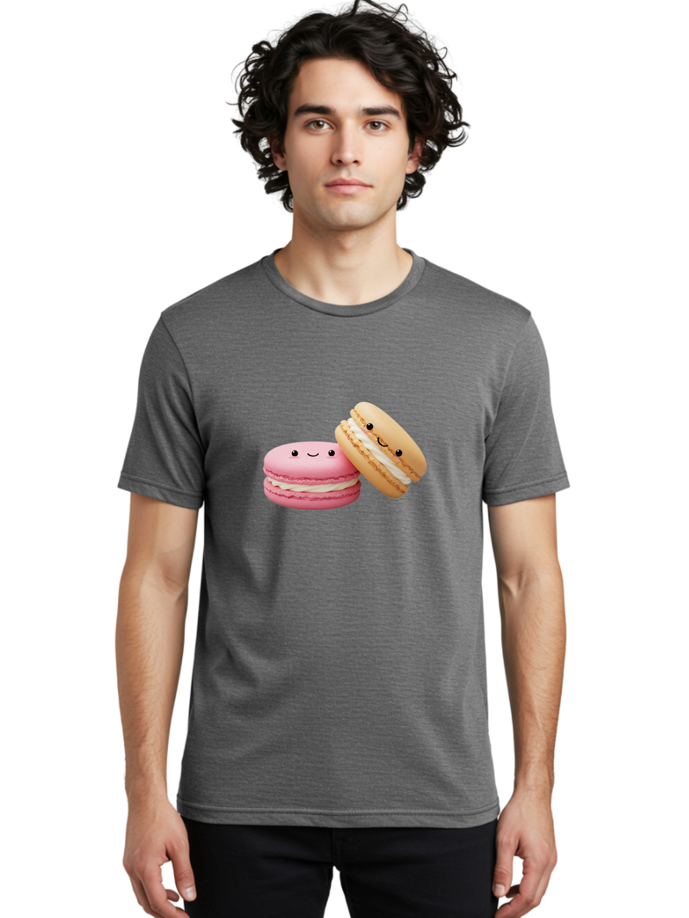 Smiling-Macarons Men'S Graphic Tee, 100% Cotton, Comfortable Casual Summer Wear, Machine Washable, Pink Macaron, Beige Macaron, Smiling Faces, Cute Desserts, White Filling, Adorable Treats, French Pastries, Sweet Delights Bab424