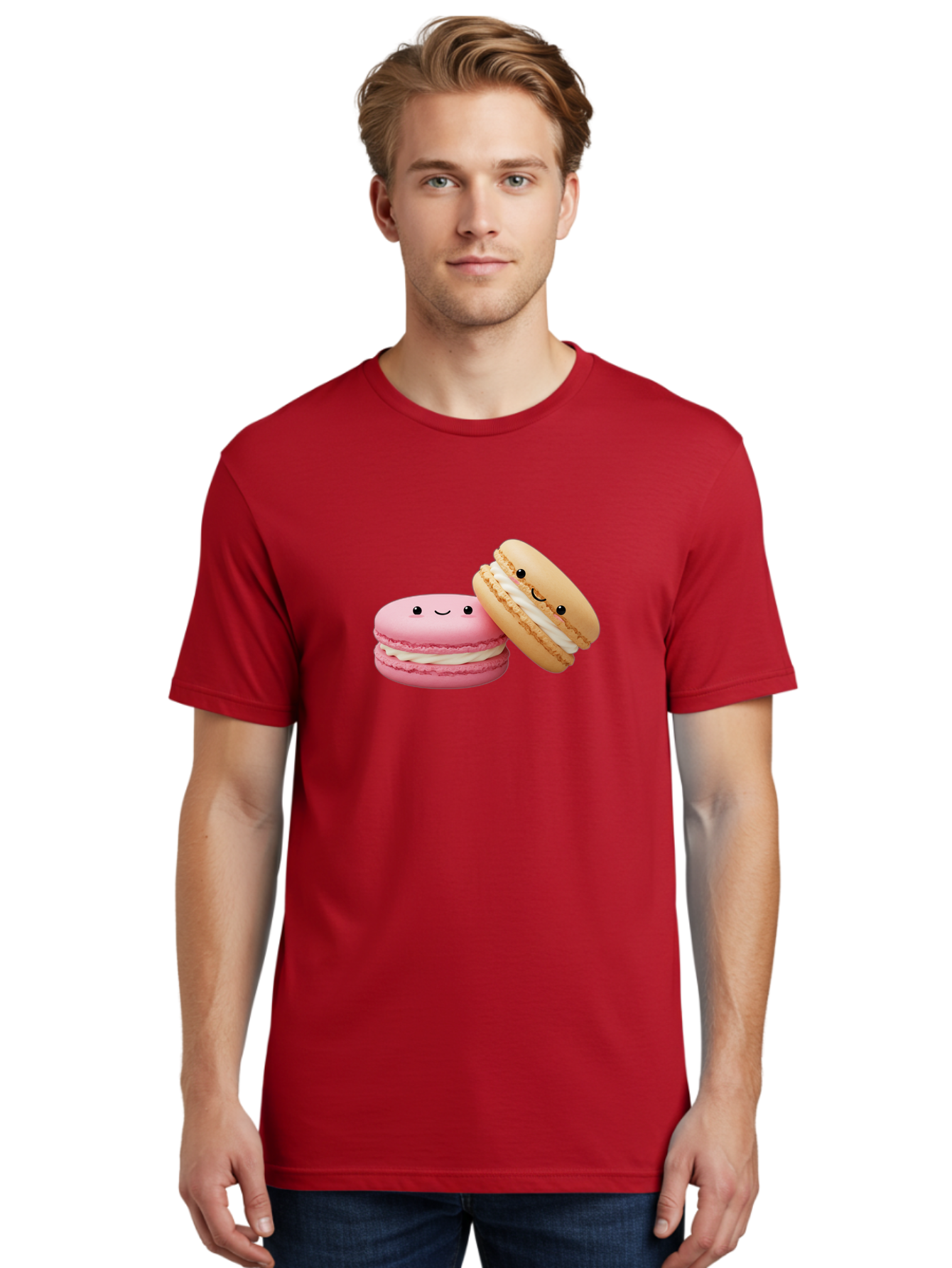 Smiling-Macarons Men'S Graphic Tee, 100% Cotton, Comfortable Casual Summer Wear, Machine Washable, Pink Macaron, Beige Macaron, Smiling Faces, Cute Desserts, White Filling, Adorable Treats, French Pastries, Sweet Delights Bab424