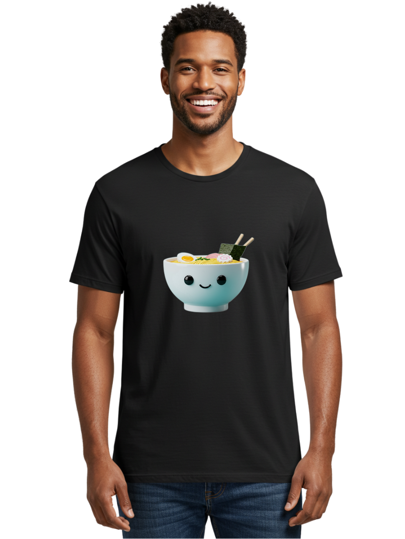 Smiling-Ramen-Bowl Men'S Graphic Tee, 100% Cotton, Comfortable Casual Summer Wear, Machine Washable, Steaming Bowl Of Ramen, Japanese Cuisine, Kawaii Food, Cartoon Character, Noodle Soup, Boiled Egg, Seaweed, Chopsticks, Smiling Face, Bab426