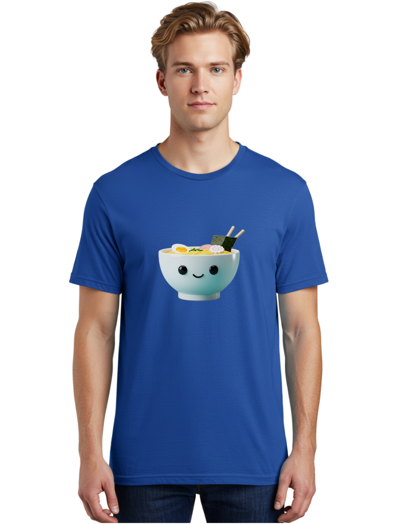 Smiling-Ramen-Bowl Men'S Graphic Tee, 100% Cotton, Comfortable Casual Summer Wear, Machine Washable, Steaming Bowl Of Ramen, Japanese Cuisine, Kawaii Food, Cartoon Character, Noodle Soup, Boiled Egg, Seaweed, Chopsticks, Smiling Face, Bab426