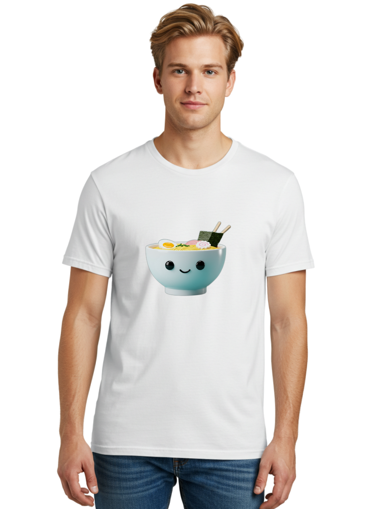 Smiling-Ramen-Bowl Men'S Graphic Tee, 100% Cotton, Comfortable Casual Summer Wear, Machine Washable, Steaming Bowl Of Ramen, Japanese Cuisine, Kawaii Food, Cartoon Character, Noodle Soup, Boiled Egg, Seaweed, Chopsticks, Smiling Face, Bab426