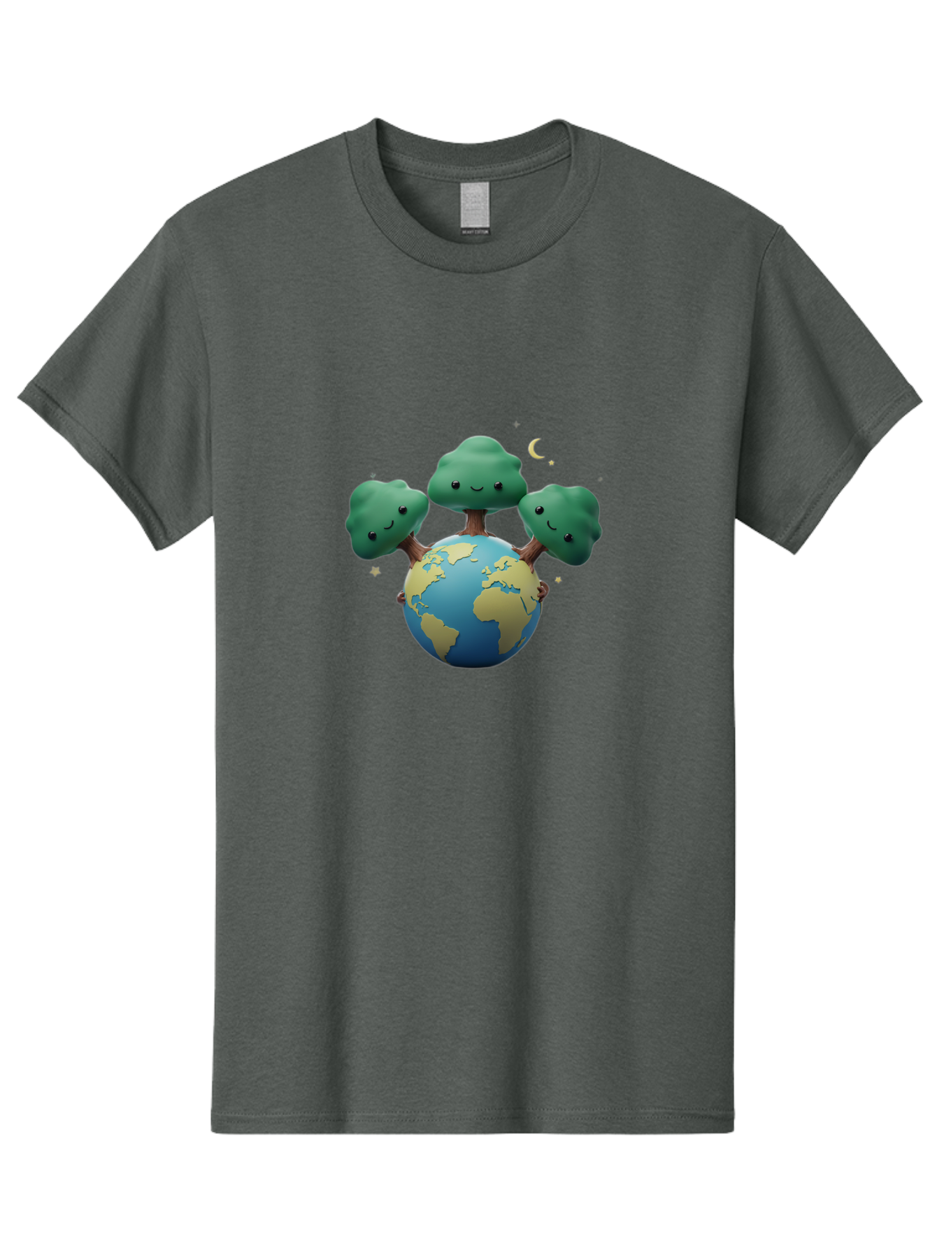 Smiling-Trees-Hugging-Earth Men'S Graphic Tee, 100% Cotton, Comfortable Casual Summer Wear, Machine Washable, Earth With Smiling Trees, Eco-Friendly, Environmental Awareness, Conservation, Sustainable Living, Cartoon Globe, Happy Planet, Bab427