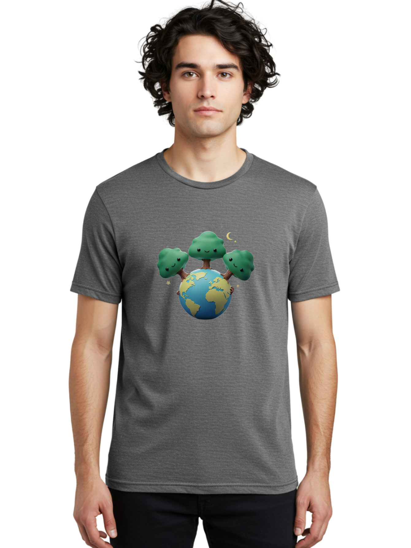 Smiling-Trees-Hugging-Earth Men'S Graphic Tee, 100% Cotton, Comfortable Casual Summer Wear, Machine Washable, Earth With Smiling Trees, Eco-Friendly, Environmental Awareness, Conservation, Sustainable Living, Cartoon Globe, Happy Planet, Bab427