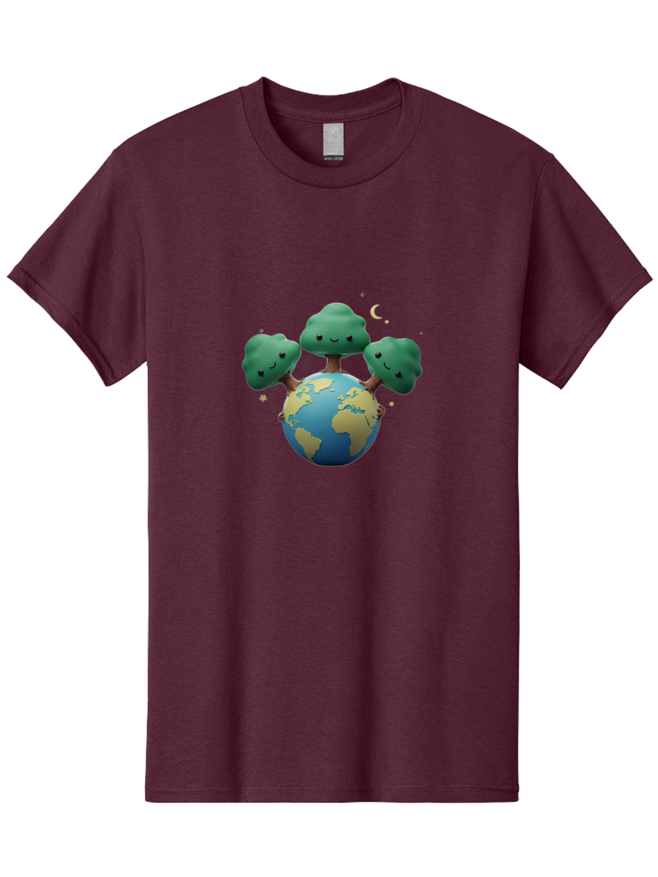 Smiling-Trees-Hugging-Earth Men'S Graphic Tee, 100% Cotton, Comfortable Casual Summer Wear, Machine Washable, Earth With Smiling Trees, Eco-Friendly, Environmental Awareness, Conservation, Sustainable Living, Cartoon Globe, Happy Planet, Bab427