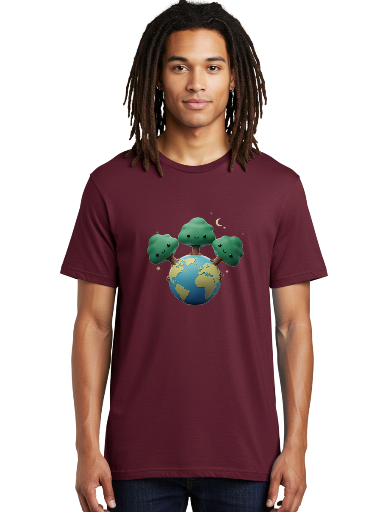 Smiling-Trees-Hugging-Earth Men'S Graphic Tee, 100% Cotton, Comfortable Casual Summer Wear, Machine Washable, Earth With Smiling Trees, Eco-Friendly, Environmental Awareness, Conservation, Sustainable Living, Cartoon Globe, Happy Planet, Bab427