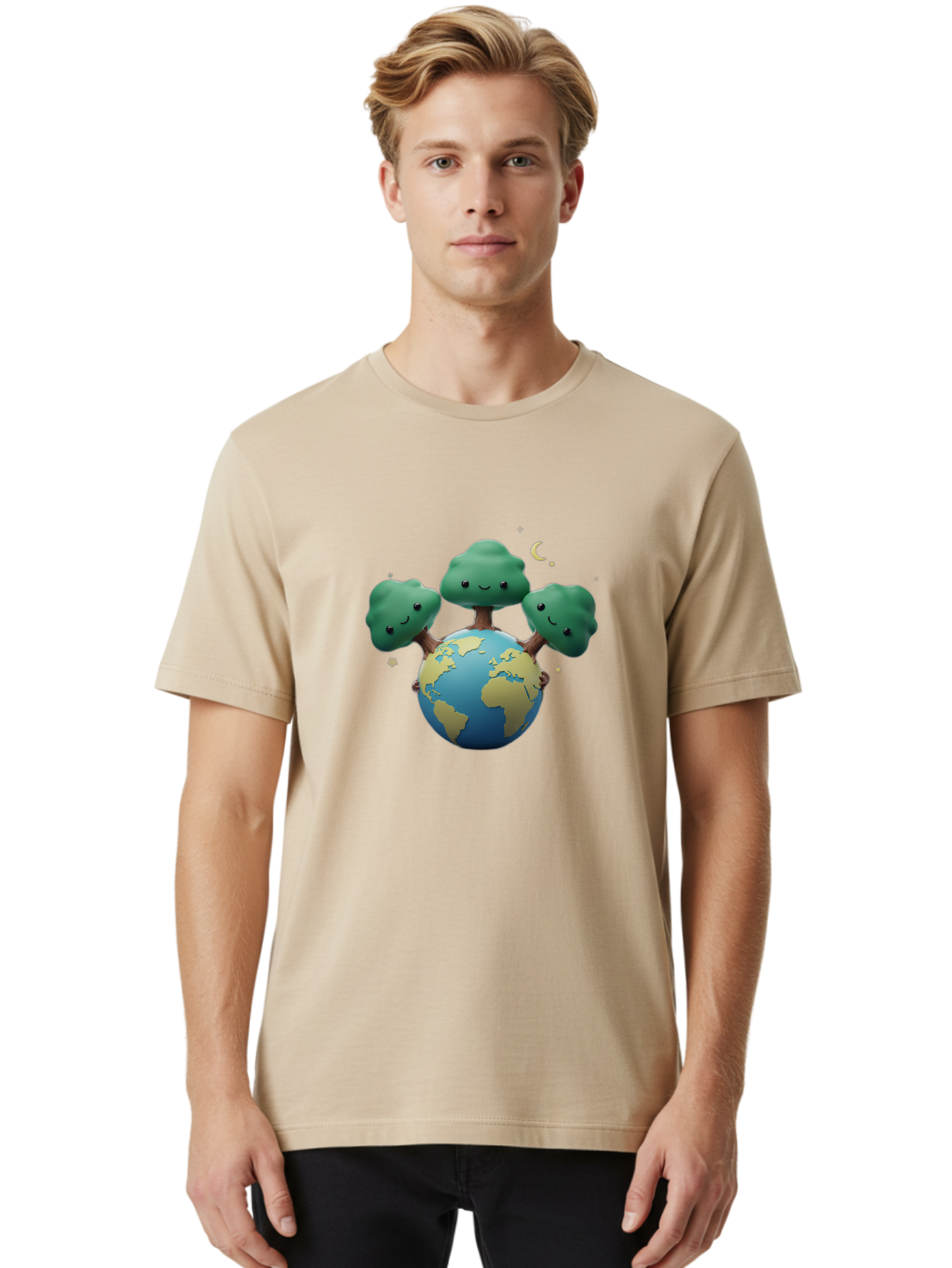 Smiling-Trees-Hugging-Earth Men'S Graphic Tee, 100% Cotton, Comfortable Casual Summer Wear, Machine Washable, Earth With Smiling Trees, Eco-Friendly, Environmental Awareness, Conservation, Sustainable Living, Cartoon Globe, Happy Planet, Bab427