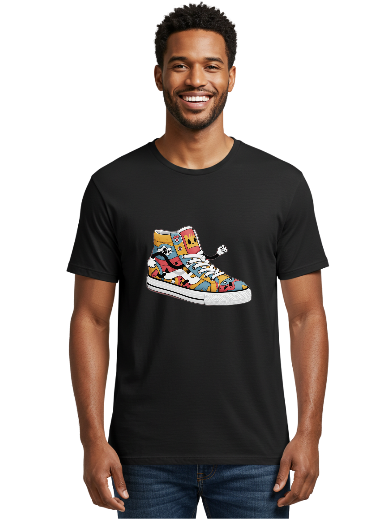 Sneaker Men'S Graphic Tee, 100% Cotton, Comfortable Casual Summer Wear, Machine Washable, Sneaker With Emojis, Cartoon Shoe, Colorful Footwear, Playful Design, Funky Style, Emoji Fashion, Streetwear, Animated Sneaker, Vibrant Colors Bab430