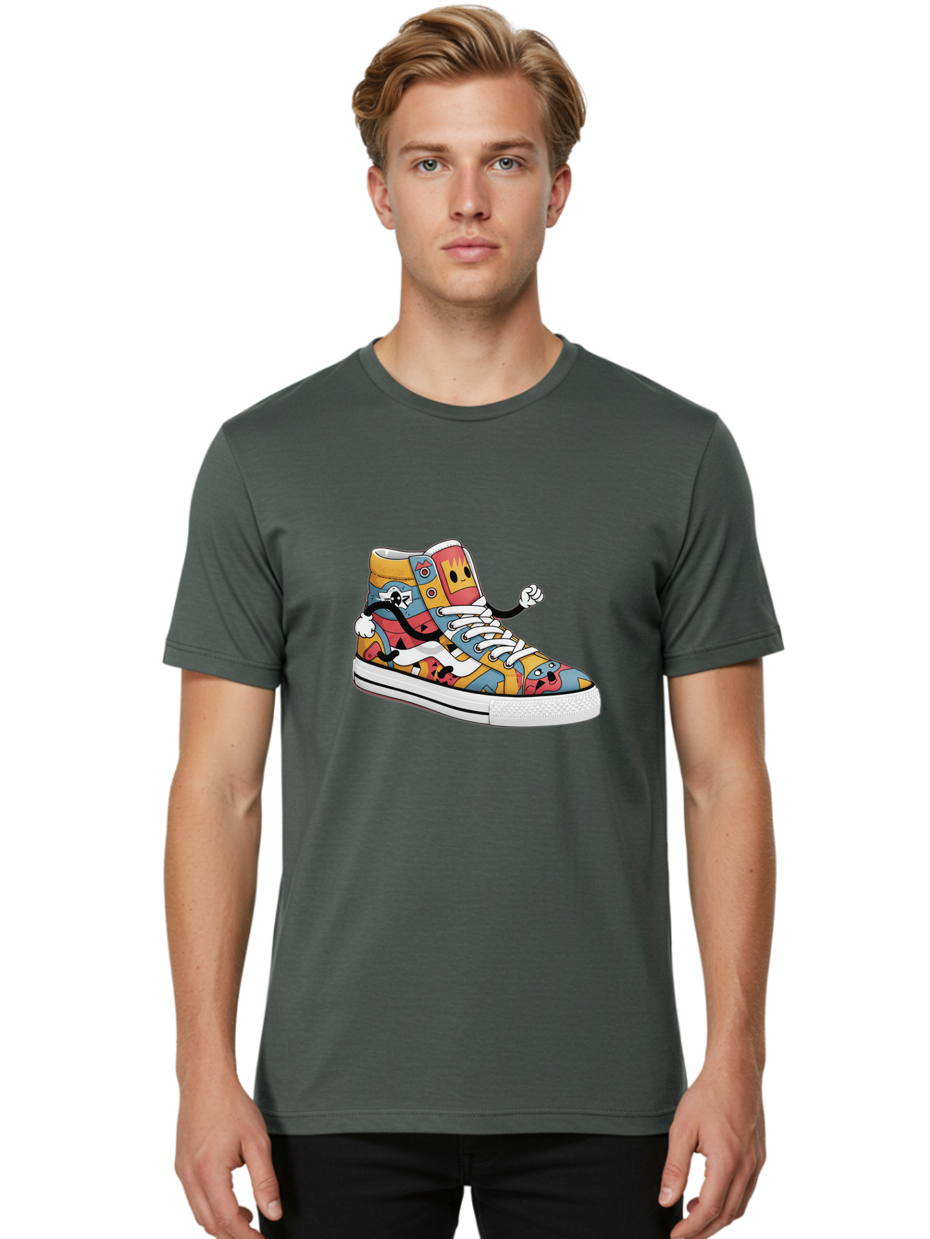 Sneaker Men'S Graphic Tee, 100% Cotton, Comfortable Casual Summer Wear, Machine Washable, Sneaker With Emojis, Cartoon Shoe, Colorful Footwear, Playful Design, Funky Style, Emoji Fashion, Streetwear, Animated Sneaker, Vibrant Colors Bab430
