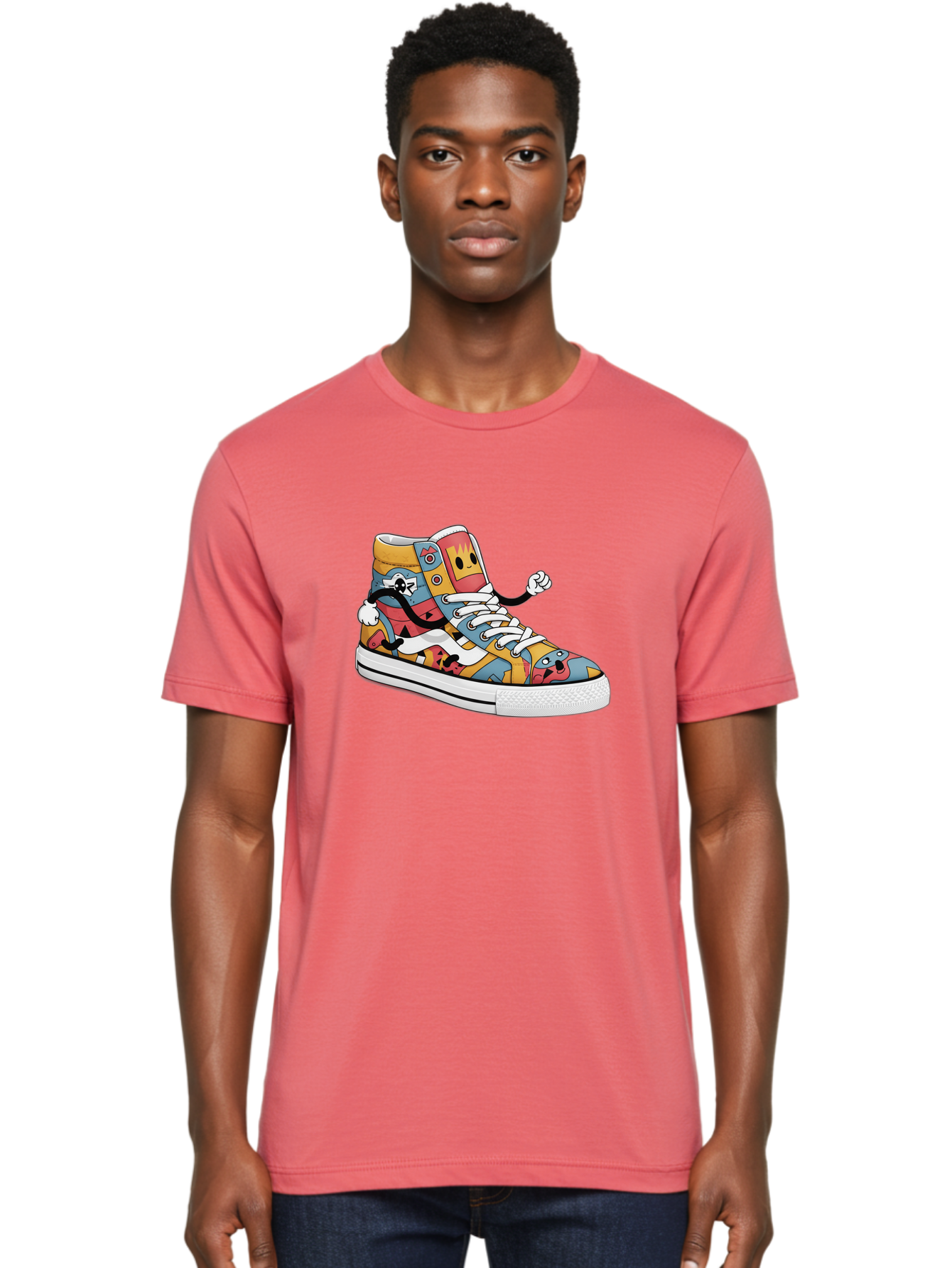 Sneaker Men'S Graphic Tee, 100% Cotton, Comfortable Casual Summer Wear, Machine Washable, Sneaker With Emojis, Cartoon Shoe, Colorful Footwear, Playful Design, Funky Style, Emoji Fashion, Streetwear, Animated Sneaker, Vibrant Colors Bab430