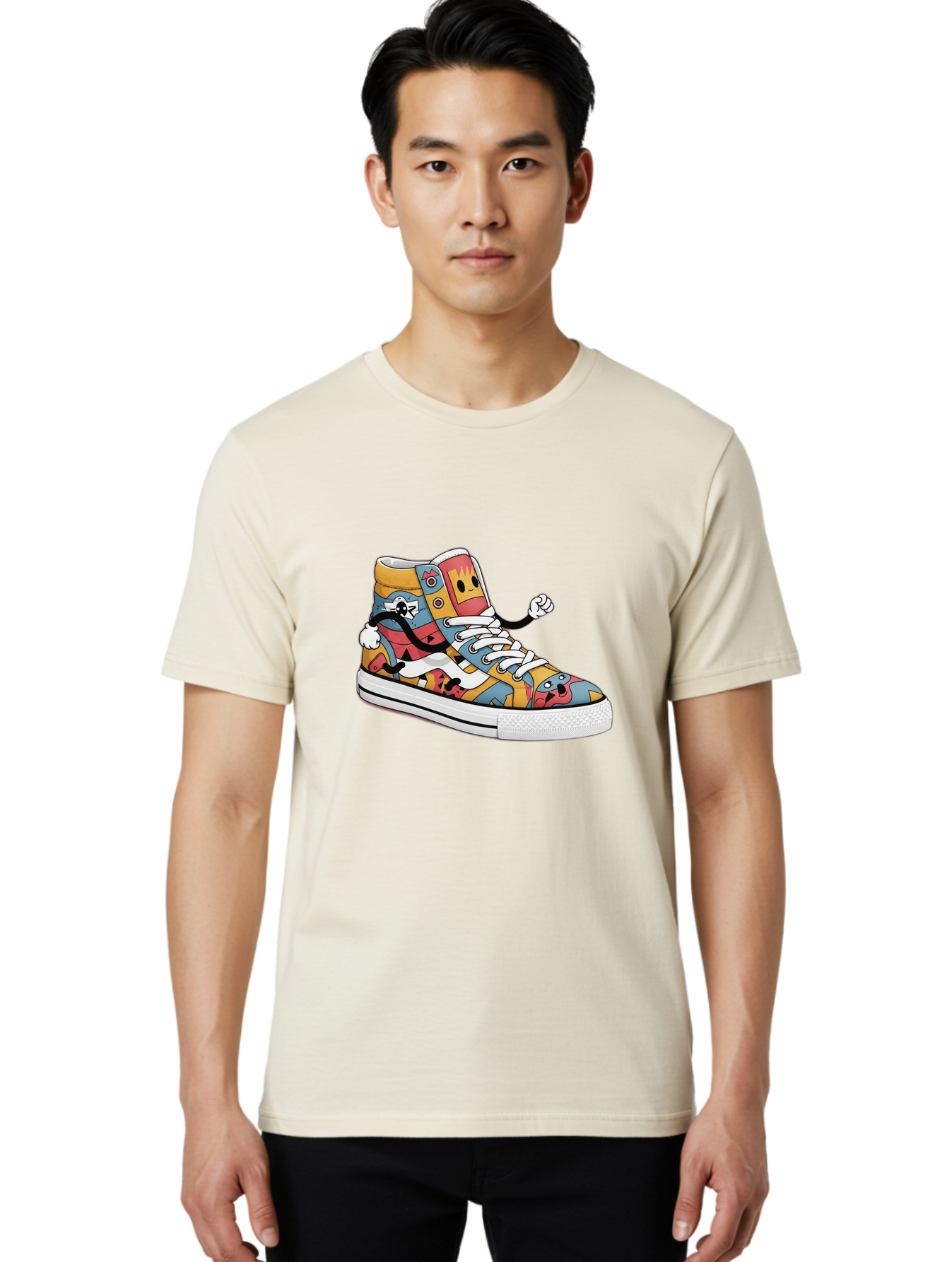 Sneaker Men'S Graphic Tee, 100% Cotton, Comfortable Casual Summer Wear, Machine Washable, Sneaker With Emojis, Cartoon Shoe, Colorful Footwear, Playful Design, Funky Style, Emoji Fashion, Streetwear, Animated Sneaker, Vibrant Colors Bab430